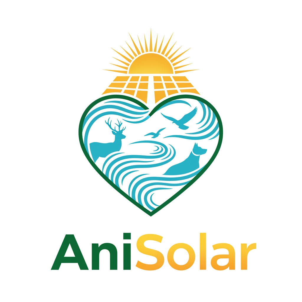 AI Design for Logo design for AniSolar — elegant and corporate eco style. Central symbol: a stylized heart-shaped lake formed by flowing lines, inside which silhouettes of different animals (deer, bird in flight, and a dog) are subtly integrated into the curves. Above the heart, a radiant sun with clean solar panel shapes beneath it, symbolizing renewable energy. The overall design should feel harmonious, natural, and professional. Colors: deep green for nature, golden yellow for sunlight, and aqua blue for water. Text “AniSolar” placed below in modern, bold sans-serif font, with “Ani” in green and “Solar” in golden gradient. Style: emblem-like, minimal yet powerful, suitable for corporate branding and signage.