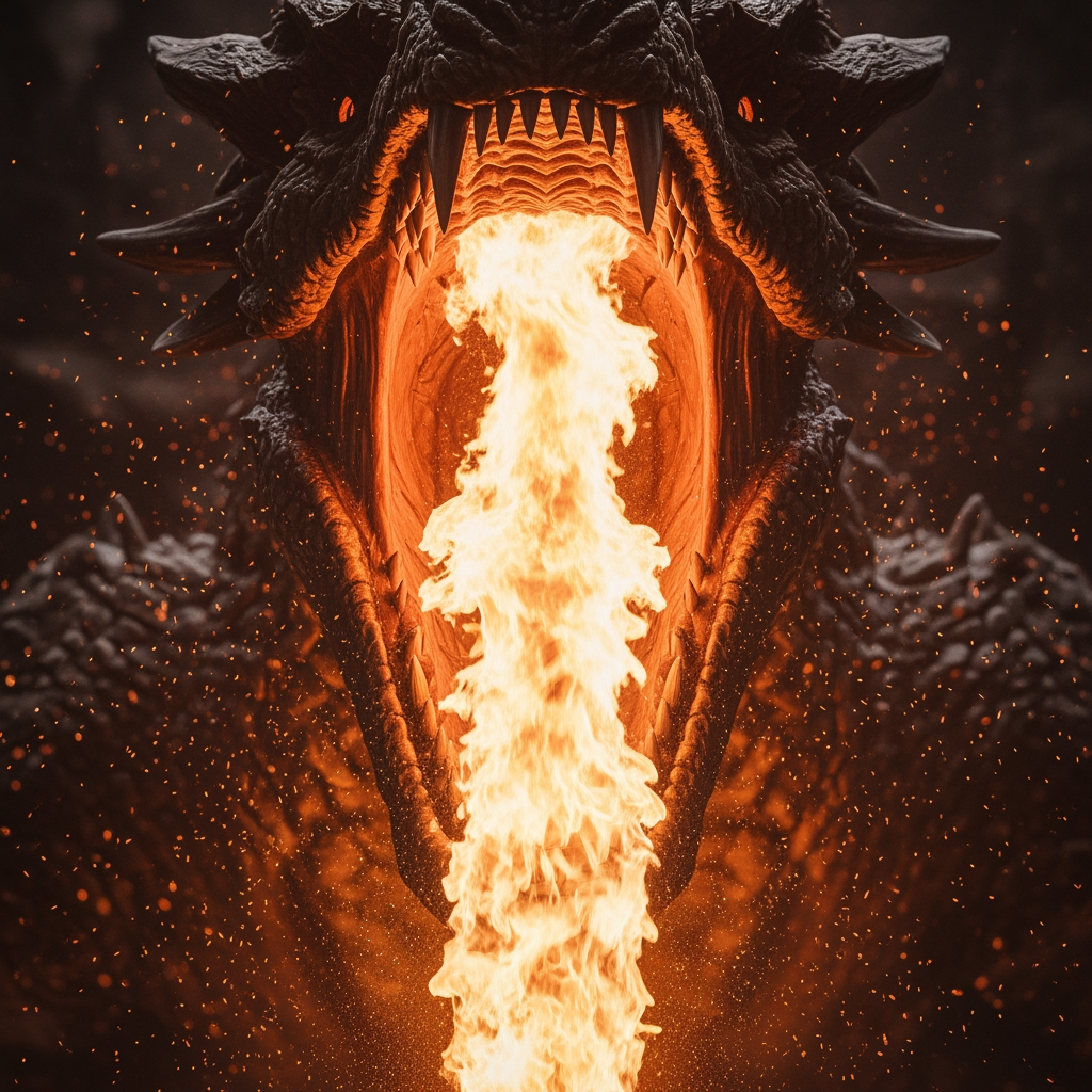 AI Design for SCENE 1 (0:00–0:10) — THE HOOK

Extreme close-up, a dragon's jaws snap wide open and a blinding column of fire erupts directly toward camera, embers and heat distortion filling the frame, deafening roar. Instant scroll-stopping opening shot, hyper-realistic CGI, dramatic orange and black color grade, vertical 9:16 framing, no text, no watermark.

🎬 SCENE 2 (0:10–0:20) — Reveal (Wide)

Epic cinematic wide shot, the same massive black-scaled dragon now flying through storm clouds at dusk over jagged mountains, wings fully extended, lightning flashing in the background. Slow dramatic camera tilt upward to reveal full scale of the creature. Hyper-realistic CGI, IMAX-quality, vertical framing, no text, no watermark.

🎬 SCENE 3 (0:20–0:30) — Descent Toward Village

Cinematic aerial tracking shot, the dragon descending fast toward a medieval village below, casting a huge moving shadow over rooftops, embers and ash trailing behind it. Camera follows from below, looking up. Dramatic orange sunset light, vertical framing, no text, no watermark.

🎬 SCENE 4 (0:30–0:40) — Villagers React

Cinematic street-level shot, villagers as small silhouettes looking up in terror, pointing, beginning to scatter through narrow stone streets as a massive shadow sweeps overhead. Dust kicking up, torches flickering. Dark, tense atmosphere, vertical framing, no text, no watermark.

🎬 SCENE 5 (0:40–0:50) — Impact Landing

Cinematic mid shot, the dragon slams down hard into the village square, wings flaring wide, talons cracking the cobblestones, dust and embers exploding outward on impact, camera shakes on landing. Hyper-realistic CGI, dramatic torch-lit shadows, vertical framing, no text, no watermark.

🎬 SCENE 6 (0:50–1:00) — Tension Build

Slow cinematic push-in on the dragon's head lowering toward the fleeing crowd, glowing amber eyes locking onto camera, smoke curling from its nostrils, a faint orange glow flickering deep in its throat. Quiet, tense, only low growling audio. Vertical framing, no text, no watermark.

🎬 SCENE 7 (1:00–1:10) — Second Fire Blast

Extreme close-up, jaws snapping open again, an even larger column of fire erupting outward, rooftops catching flame in the background, heat distortion and embers swirling. Dramatic orange and black color grade, vertical framing, no text, no watermark.

🎬 SCENE 8 (1:10–1:20) — Village Engulfed

Wide cinematic shot, the village now engulfed in flame, rooftops collapsing, smoke billowing into the night sky, silhouetted figures running through burning streets. Slow camera pan across the destruction. Dark disaster-movie tone, vertical framing, no text, no watermark.

🎬 SCENE 9 (1:20–1:30) — Aerial Fire Sweep

Dynamic cinematic shot, the dragon lifts off and sweeps low across the burning rooftops, wings beating hard, a trail of fire pouring from its mouth along the street below. Fast camera tracking motion, embers flying past lens. Vertical framing, no text, no watermark.

🎬 SCENE 10 (1:30–1:40) — Circling Above

Wide low-angle shot, the dragon circling high above the burning village against a smoke-filled night sky, lit orange from the fires below, wings casting long shadows. Slow, ominous camera rotation. Epic cinematic scale, vertical framing, no text, no watermark.

🎬 SCENE 11 (1:40–1:50) — Triumphant Roar (Climax)

Wide low-angle hero shot, the dragon lands atop a pile of rubble, wings spread wide against the smoke and flame, head thrown back, letting out a deafening roar, embers rising around it like fireflies. Dramatic backlighting from the fires. Vertical framing, no text, no watermark.

🎬 SCENE 12 (1:50–2:00) — Final Shot (Cliffhanger Exit)

Wide cinematic silhouette shot, the dragon takes flight and disappears into a smoke-filled, fiery sunset sky over the ruined village, growing smaller in frame. Epic, haunting, final note. Slow fade to black. Vertical framing, no text, no watermark