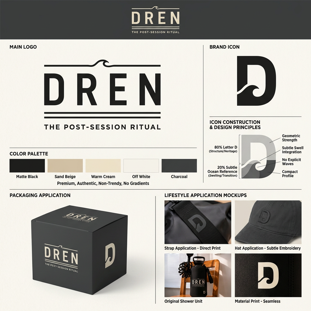 AI Design for PROMPT

You are a world-class brand identity designer specializing in premium outdoor, surf, and lifestyle brands.

Your task is to create a complete visual identity for a new brand called:

DREN

Tagline:

THE POST-SESSION RITUAL

ABOUT THE BRAND

DREN is not a surf brand.

DREN is a premium post-session lifestyle brand.

The first product is a portable pressurized shower used after surfing, beach sessions, camping, MTB rides, fishing trips, and outdoor adventures.

The brand represents the transition from the ocean back to everyday life.

The ritual after the session.

Rinsing off salt, sand, sweat and returning clean, comfortable and refreshed.

BRAND PERSONALITY

Premium

Authentic

Minimal

Timeless

Outdoor

Surf Heritage

Rugged

Masculine

Functional

Trustworthy

Not trendy.

Not playful.

Not tech startup.

Not futuristic.

TARGET AUDIENCE

Men and women 30-55

Surfers

Outdoor enthusiasts

Campers

Fishermen

Mountain bikers

People who appreciate quality gear

Fans of YETI, Patagonia, Album Surfboards, Roark, Finisterre

DESIGN DIRECTION

The logo should feel like:

YETI meets Patagonia meets Album Surfboards.

Not like:

Generic surf shop

Cheap AliExpress product

Beach souvenir brand

Tech startup

Crypto company

AI company

LOGO REQUIREMENTS

Create:

1. Main Logo

DREN

THE POST-SESSION RITUAL

Clean typography

Premium spacing

Strong and timeless

2. Brand Icon

Create a standalone icon that can be used:

on the shower

on straps

on hats

on apparel

on packaging

Requirements:

Based on the letter D
Strong silhouette
Easy to recognize from far away
Works at very small sizes
More heritage than technology
More outdoor than digital
Simple enough to become iconic

Important:

The icon should be approximately:

80% letter D

20% subtle ocean reference

Avoid obvious wave illustrations.

Avoid generic surf symbols.

Avoid surfboard fins.

Avoid complex wave graphics.

VISUAL STYLE

Color palette:

Matte Black

Sand Beige

Warm Cream

Off White

Charcoal

No bright colors.

No gradients.

No shiny effects.

No chrome.

No neon.

MOCKUP REQUIREMENTS

Create realistic premium product mockups.

Use a black neoprene cover portable shower.

Show:

Mockup 1

Front view of the shower

Main logo centered

Small icon bottom-right

Premium cream print

Mockup 2

Close-up of the icon printed on black neoprene

No patch

Printed directly on the material

Premium outdoor gear feel

Mockup 3

Product sitting on a wooden beach chair

Warm golden sunlight

Premium lifestyle photography

YETI-level product photography

Mockup 4

Brand presentation board showing:

Main logo

Brand icon

Icon construction

Packaging application

Hat application

Strap application

COMPOSITION

Minimal

Clean

High-end

Strong negative space

Professional brand presentation

Luxury outdoor gear aesthetic

Make the viewer immediately think:

"This is a real premium brand."

Not:

"This is a generic imported product."

REFERENCE BRANDS

YETI

Patagonia

Album Surfboards

Finisterre

Roark

Outerknown

OUTPUT

Create:

Main logo
Brand icon
Brand identity board
Product mockup on portable shower
Premium outdoor lifestyle presentation

Ultra realistic

Premium

Award-winning branding quality

מקלחת להדמיה