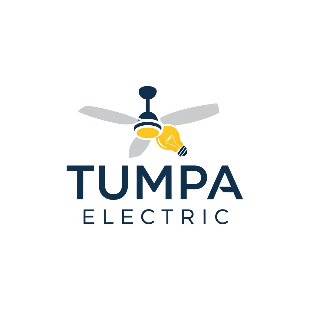 AI Design for an electronics shop logo name TUMPA ELECTRIC add cilling fan and bulb in logo and not too much colourful