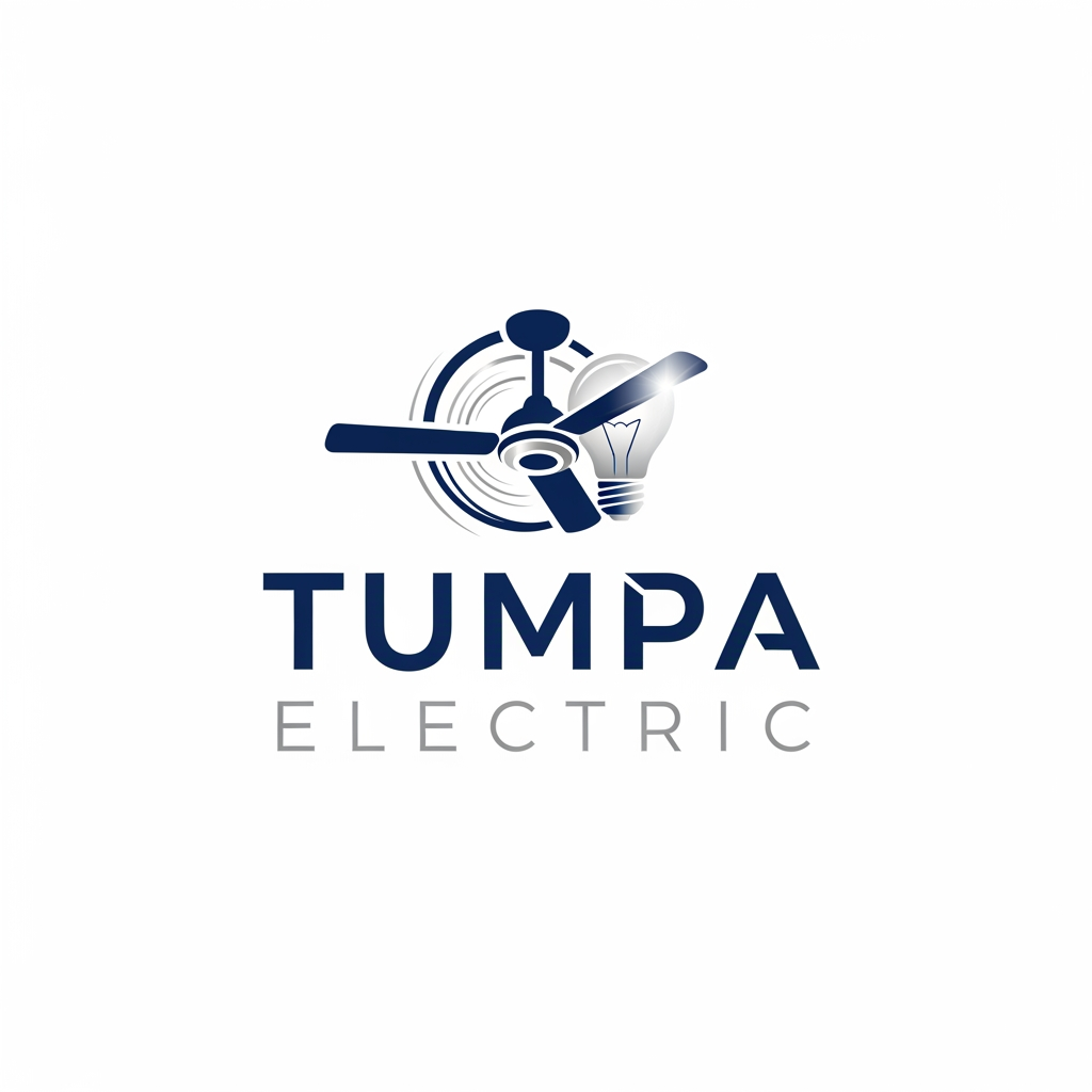 AI Design for an electronics shop logo name TUMPA ELECTRIC add cilling fan and bulb in logo and not too much colourful