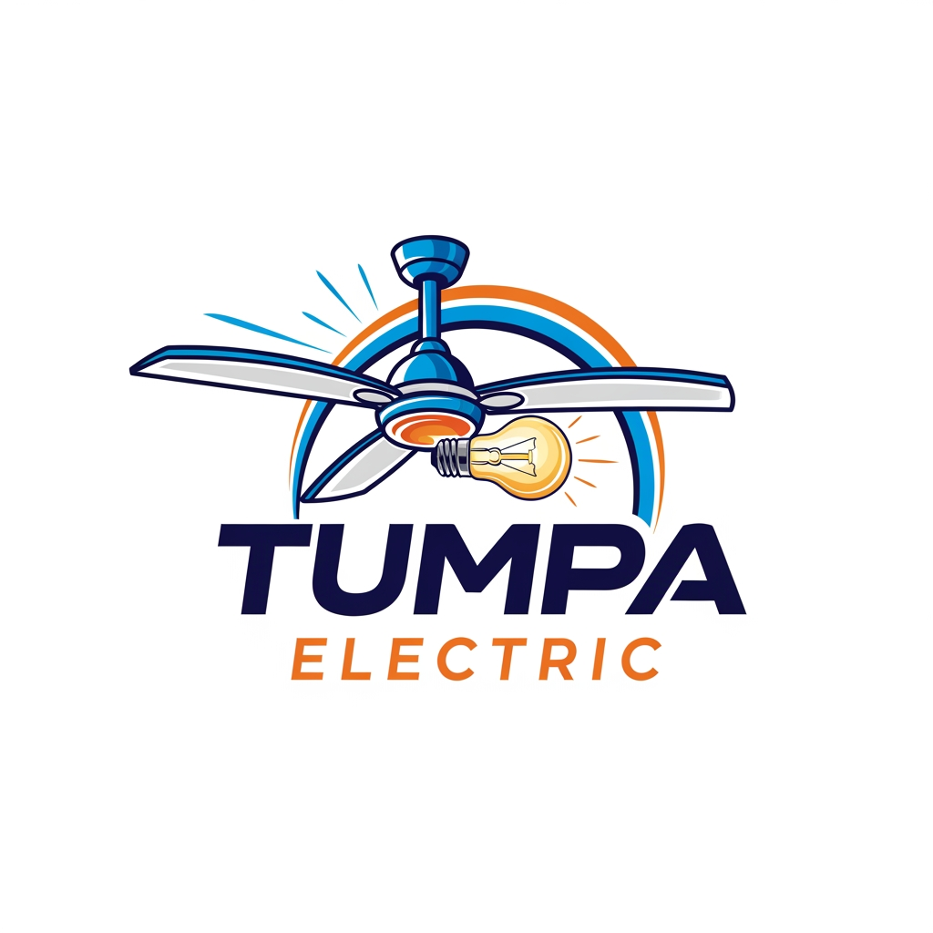 AI Design for an electronics shop logo name TUMPA ELECTRIC add cilling fan and bulb in logofan