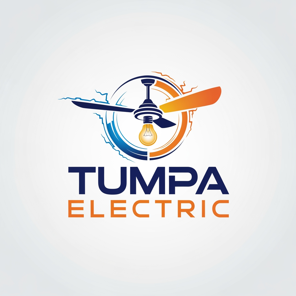 AI Design for an electronics shop logo name TUMPA ELECTRIC add cilling fan and bulb in logofan