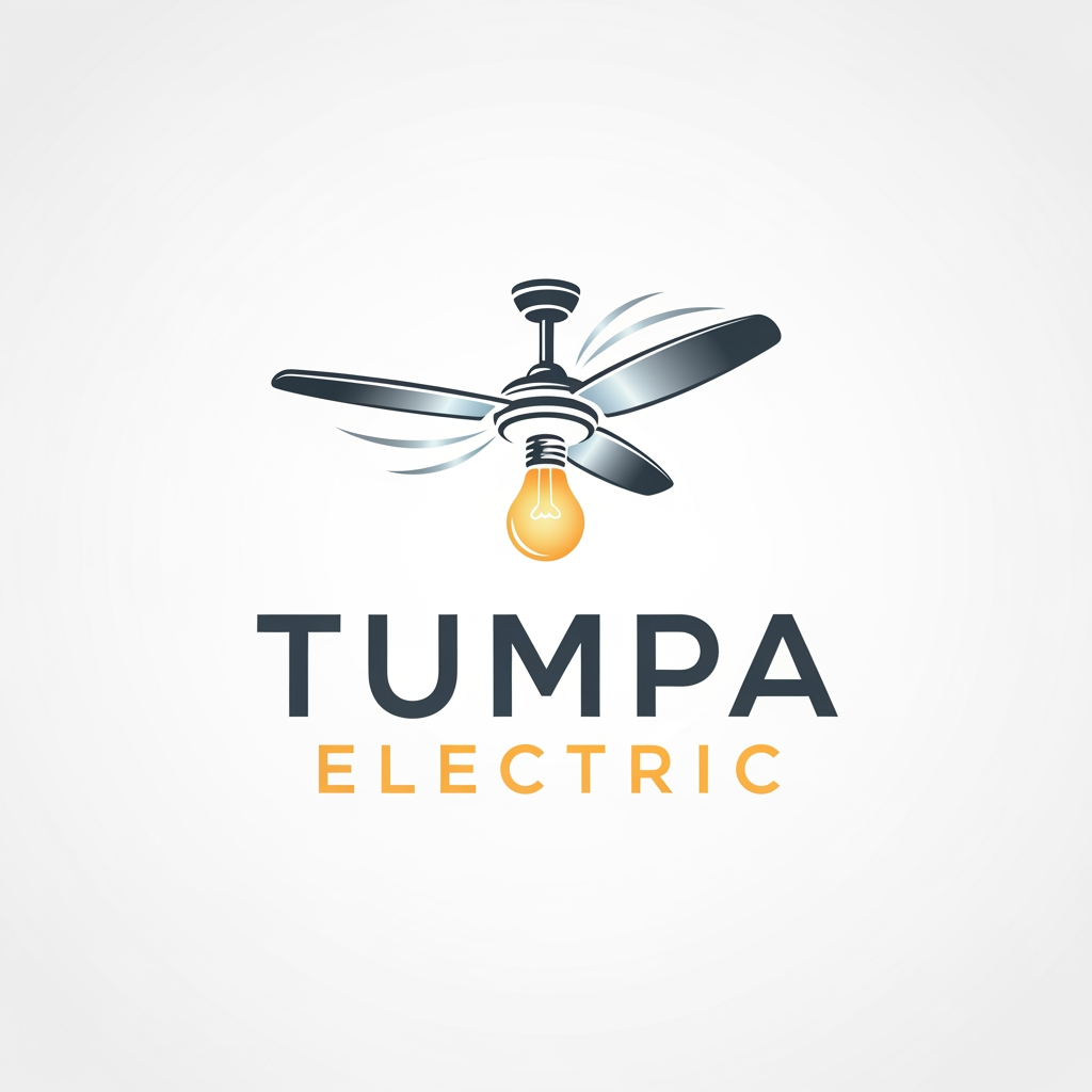 AI Design for an electronics shop logo name TUMPA ELECTRIC add cilling fan and bulb in logo and not too much colourful