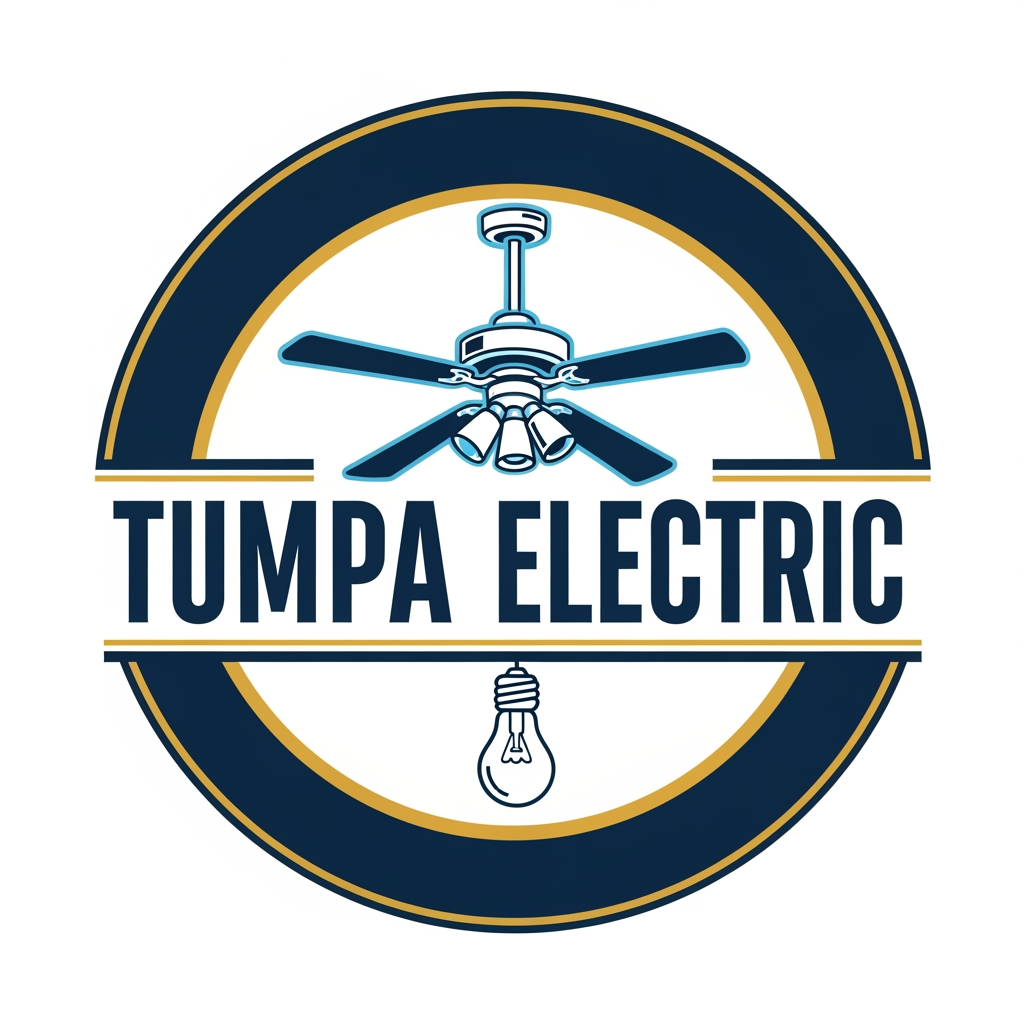 AI Design for an electronics shop logo name TUMPA ELECTRIC add cilling fan and bulb in logofan