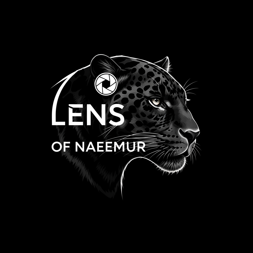 AI Design for create logo Lens of Naeemur in Black Panther , white logo , text combination create black panther , photoraphy logo understand ,
