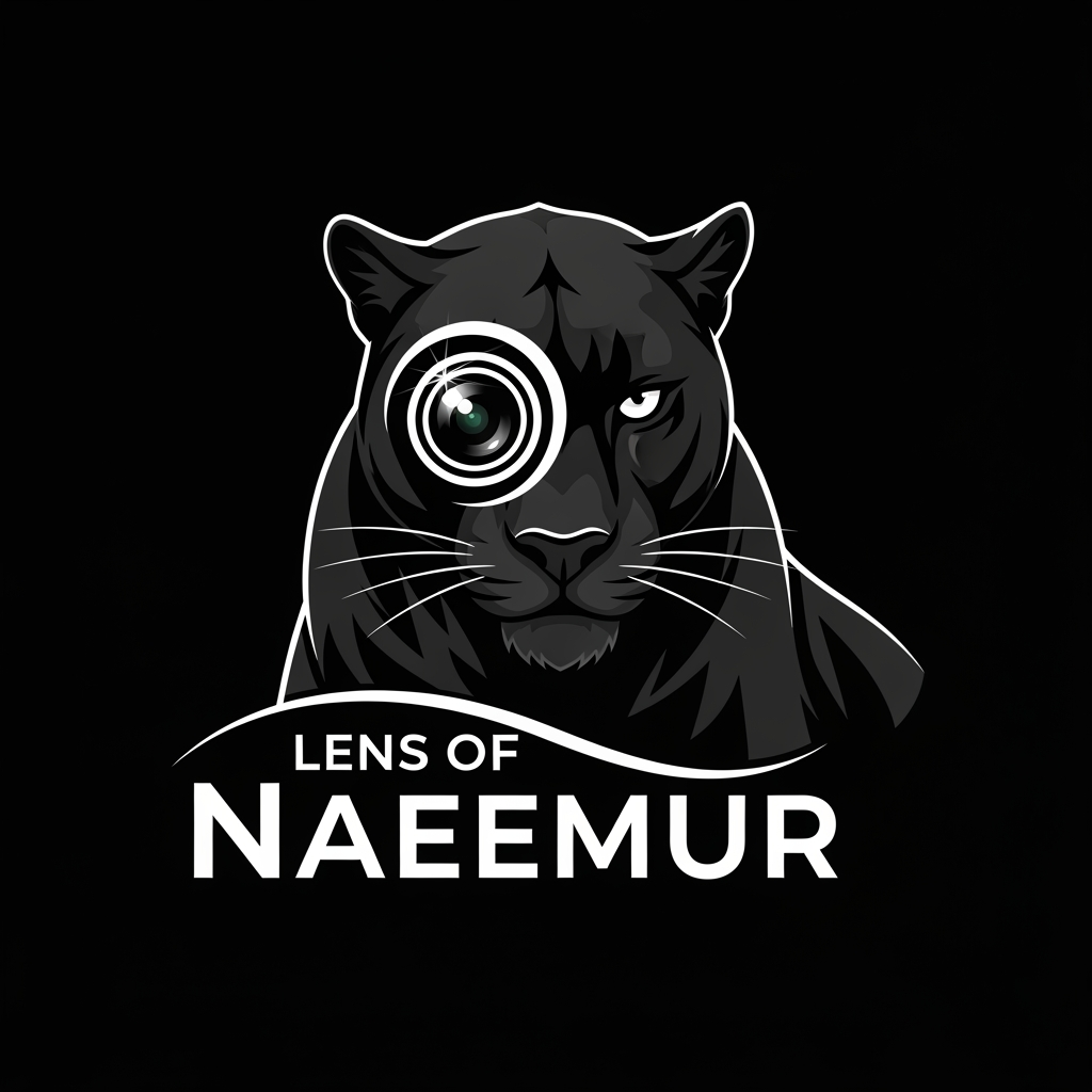 AI Design for create logo Lens of Naeemur in Black Panther , white logo , text combination create black panther , photoraphy logo understand ,  stylish text font adjust black panther