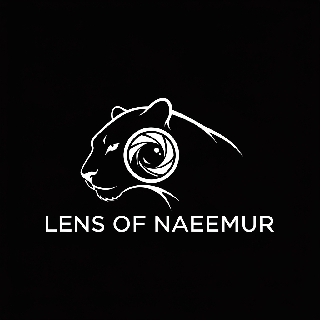 AI Design for create logo Lens of Naeemur in Black Panther , white logo , text combination create black panther , photoraphy logo understand ,