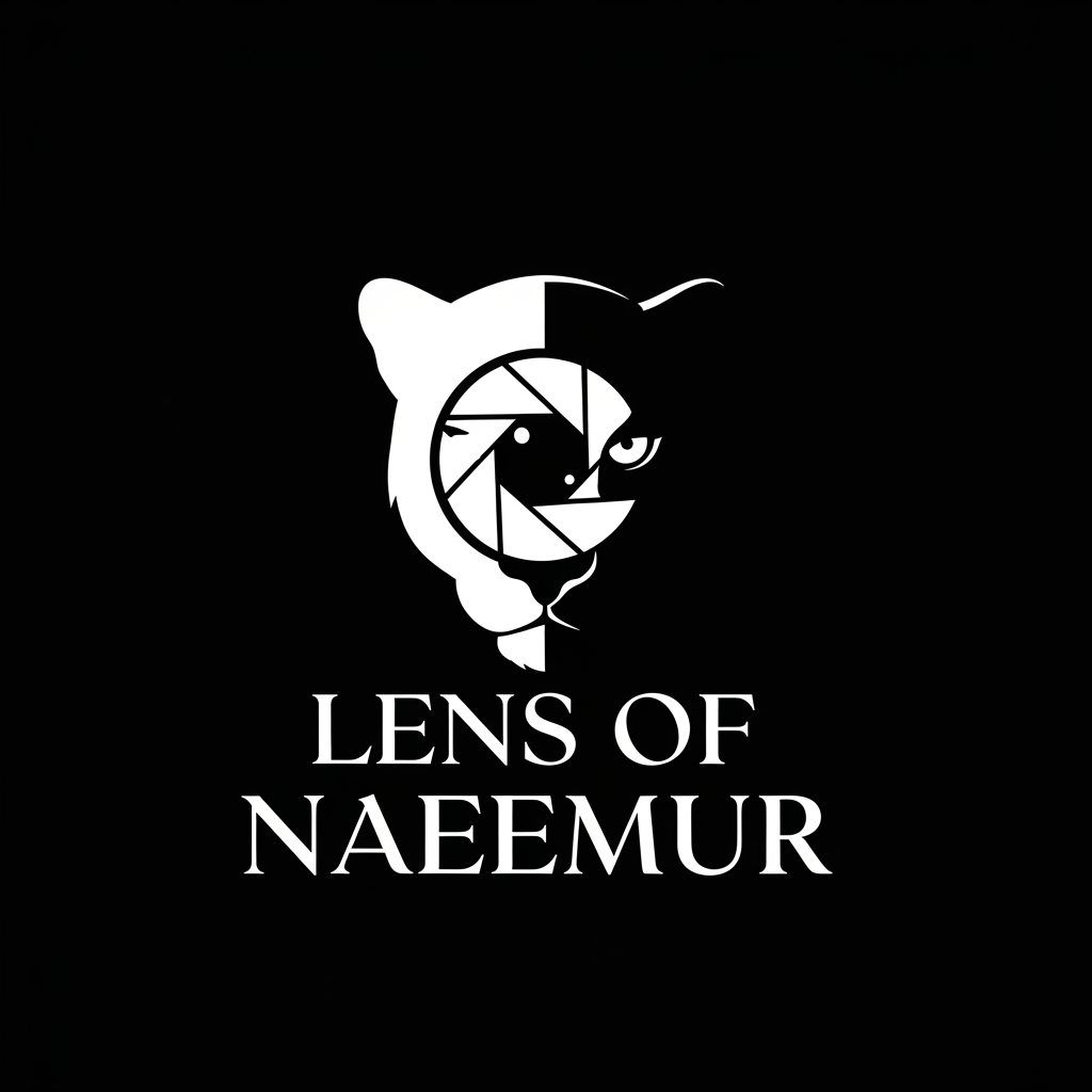AI Design for create logo Lens of Naeemur in Black Panther , white logo , text combination create black panther , photoraphy logo understand ,  stylish text font adjust black panther