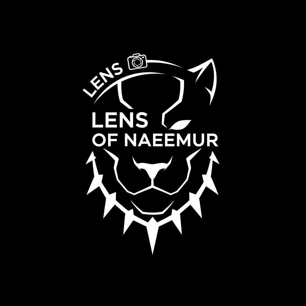 AI Design for create logo Lens of Naeemur in Black Panther , white logo , text combination create black panther , photoraphy logo understand ,