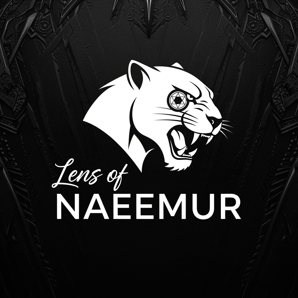 AI Design for create logo Lens of Naeemur in Black Panther , white logo , text combination create black panther , photoraphy logo understand ,  stylish text font adjust black panther