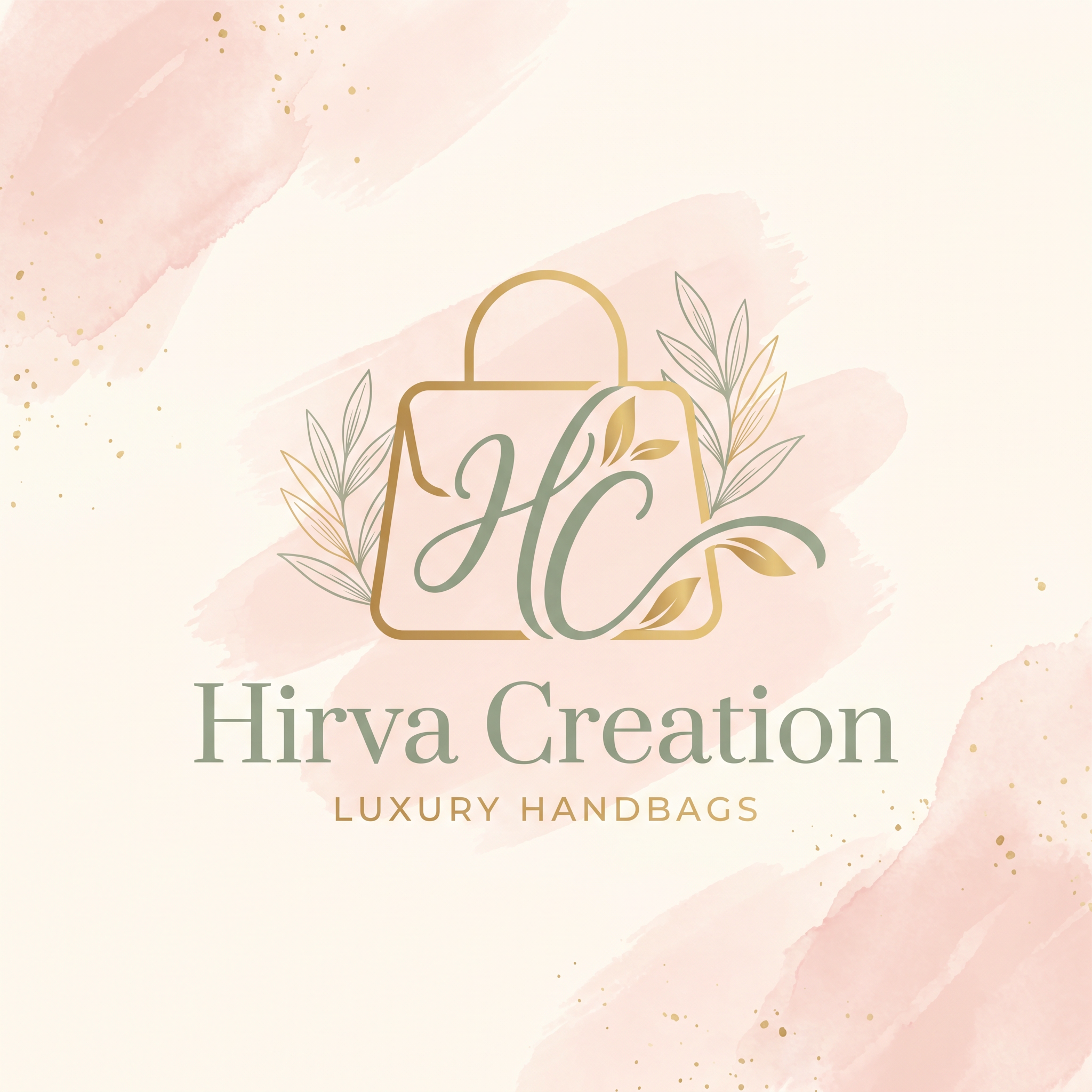 AI Design for Create an elegant and premium logo for "Hirva Creation", a women's purse and handbag brand. Use a soft pastel luxury aesthetic with a warm cream background, blush pink watercolor accents, sage/emerald green typography, and subtle gold details. Feature a stylish handbag icon integrated with the initials HC. Include delicate botanical leaf elements for a sophisticated feminine touch. Minimalist, clean, upscale boutique branding. No clothing, no dress, no mannequin, no apparel elements. Focus only on handbags and purses. Luxury fashion boutique style, vector logo, professional branding, soft pastel color palette, high-end packaging ready, Instagram-ready, elegant serif typography, premium and memorable design.