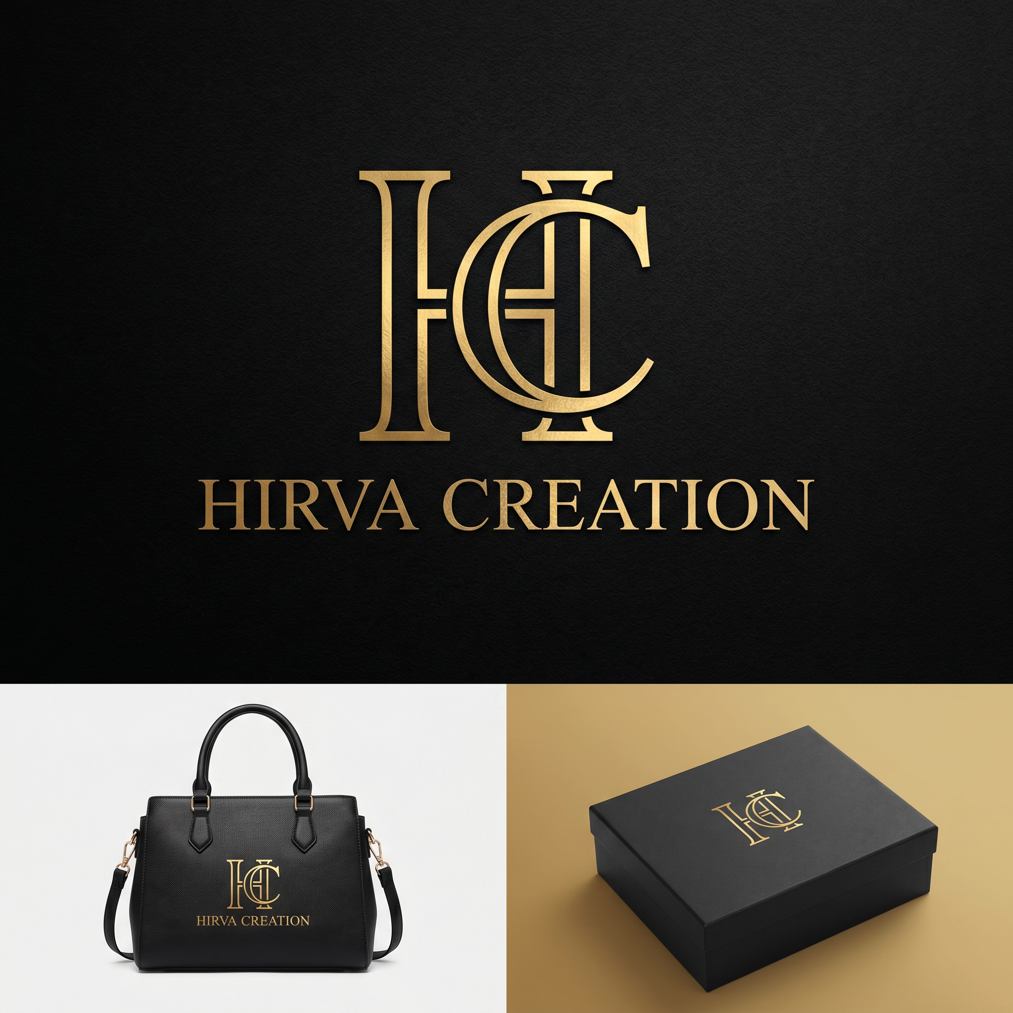 AI Design for Design a premium luxury logo for a handbag and purse brand named "Hirva Creation". Create an elegant monogram using the letters H and C. Minimalist, high-end fashion brand style similar to luxury designer brands. Gold metallic details on a black background, clean lines, sophisticated typography, luxury packaging ready, vector logo, professional branding, modern and timeless.
