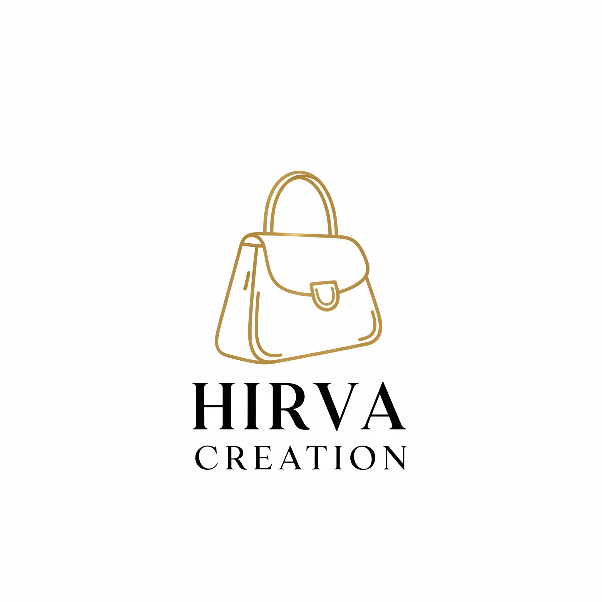 AI Design for "Minimalist logo for a luxury handbag brand called 'Hirva Creation', featuring a thin elegant line-art outline of a purse, sophisticated serif typography, gold and black color palette, clean white background, high-end fashion branding style."