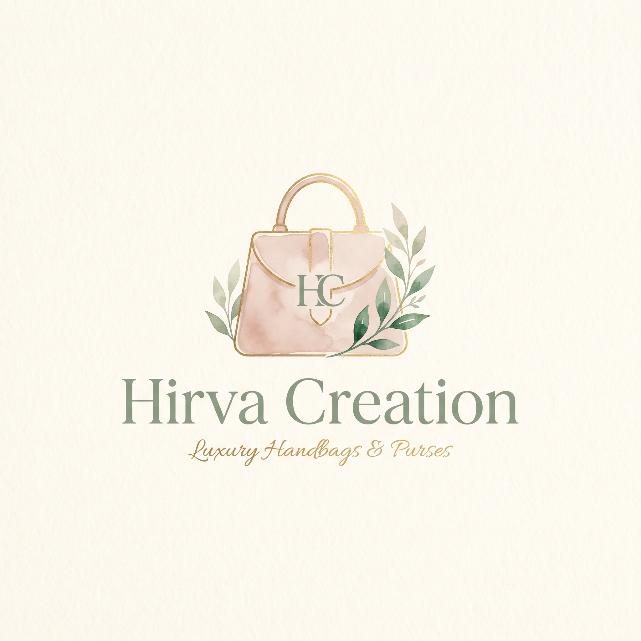 AI Design for Create an elegant and premium logo for "Hirva Creation", a women's purse and handbag brand. Use a soft pastel luxury aesthetic with a warm cream background, blush pink watercolor accents, sage/emerald green typography, and subtle gold details. Feature a stylish handbag icon integrated with the initials HC. Include delicate botanical leaf elements for a sophisticated feminine touch. Minimalist, clean, upscale boutique branding. No clothing, no dress, no mannequin, no apparel elements. Focus only on handbags and purses. Luxury fashion boutique style, vector logo, professional branding, soft pastel color palette, high-end packaging ready, Instagram-ready, elegant serif typography, premium and memorable design.