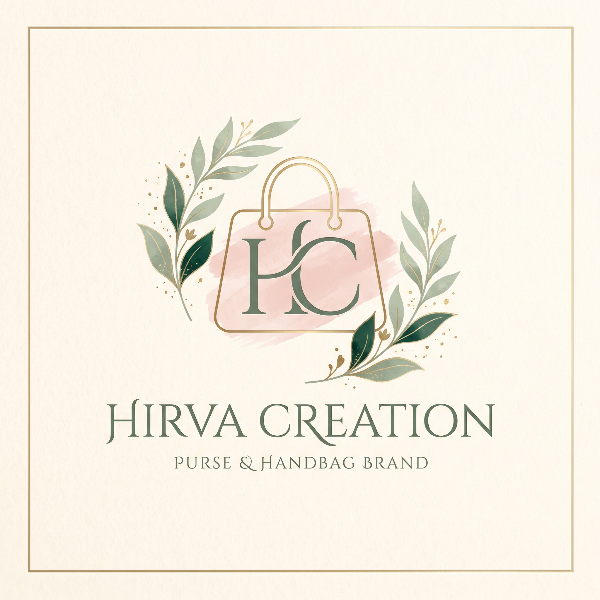 AI Design for Create an elegant and premium logo for "Hirva Creation", a women's purse and handbag brand. Use a soft pastel luxury aesthetic with a warm cream background, blush pink watercolor accents, sage/emerald green typography, and subtle gold details. Feature a stylish handbag icon integrated with the initials HC. Include delicate botanical leaf elements for a sophisticated feminine touch. Minimalist, clean, upscale boutique branding. Focus only on handbags and purses. fashion boutique style, vector logo, soft pastel color palette, high-end packaging ready, Instagram-ready, elegant serif typography, premium and memorable design.