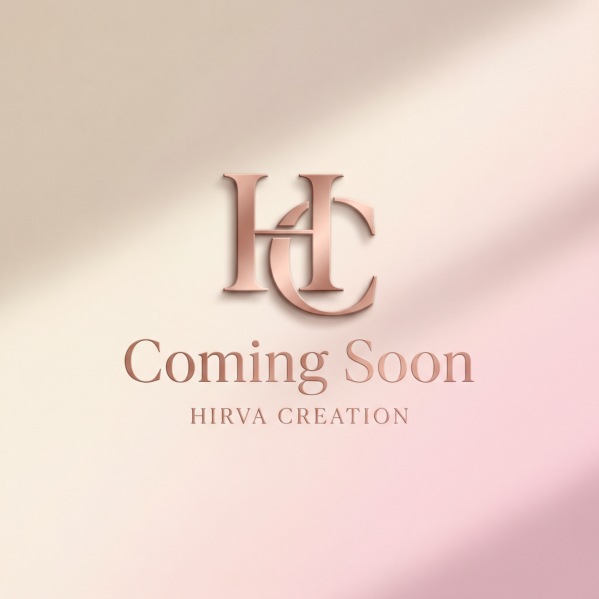 AI Design for Create a clean and modern coming soon announcement for Hirva Creation. Soft beige and pastel pink gradient background, centered luxury HC logo, subtle shadow effects, elegant serif typography saying "Coming Soon". Premium branding style inspired by luxury fashion houses, minimalist and professional.