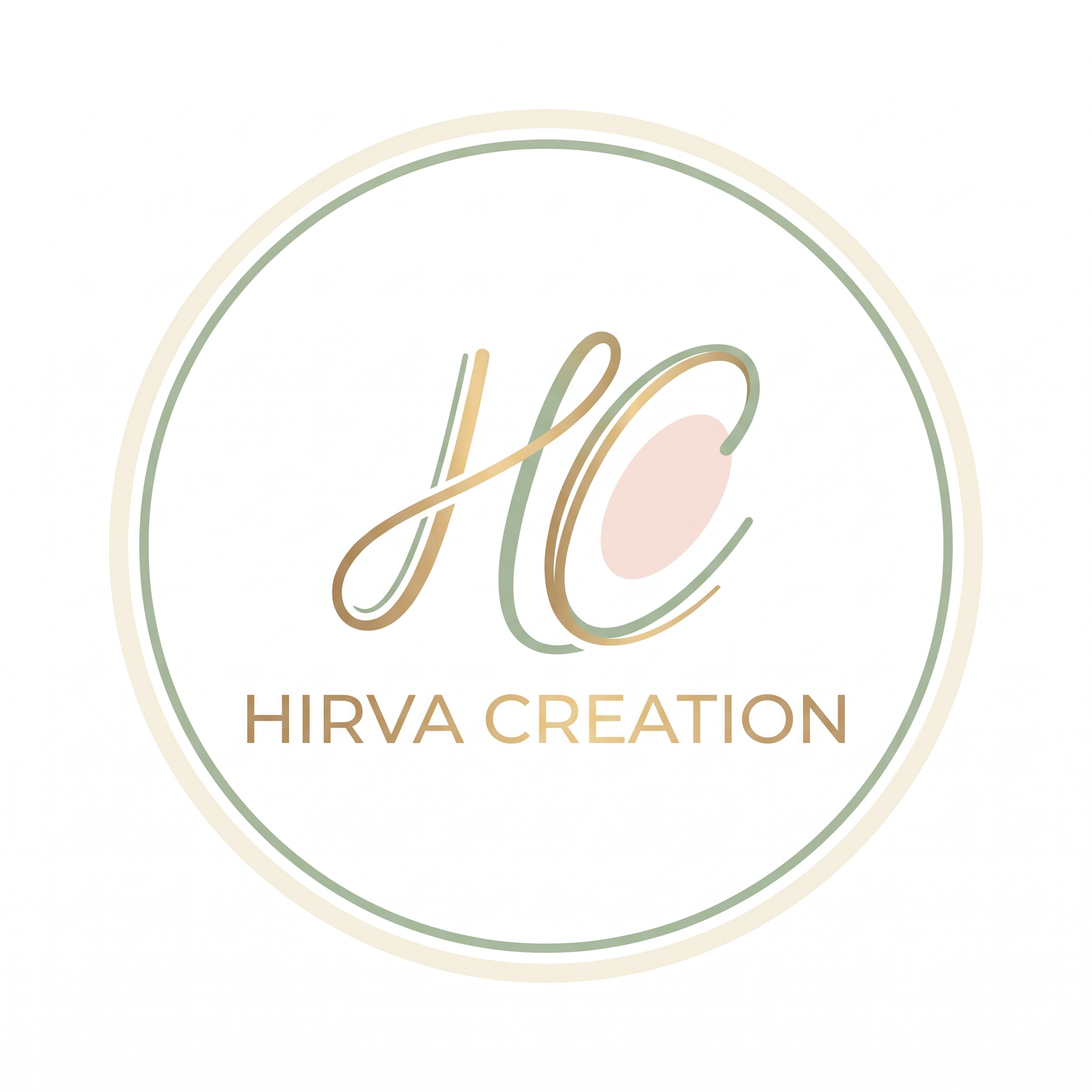 AI Design for Premium minimalist logo design for "Hirva Creation", featuring a stylish HC monogram with modern luxury typography. Use ivory, pastel blush, champagne gold and soft green palette. Elegant negative space design, high-end boutique branding, clean vector artwork, luxury packaging style, simple yet memorable, white background, no fashion illustrations.