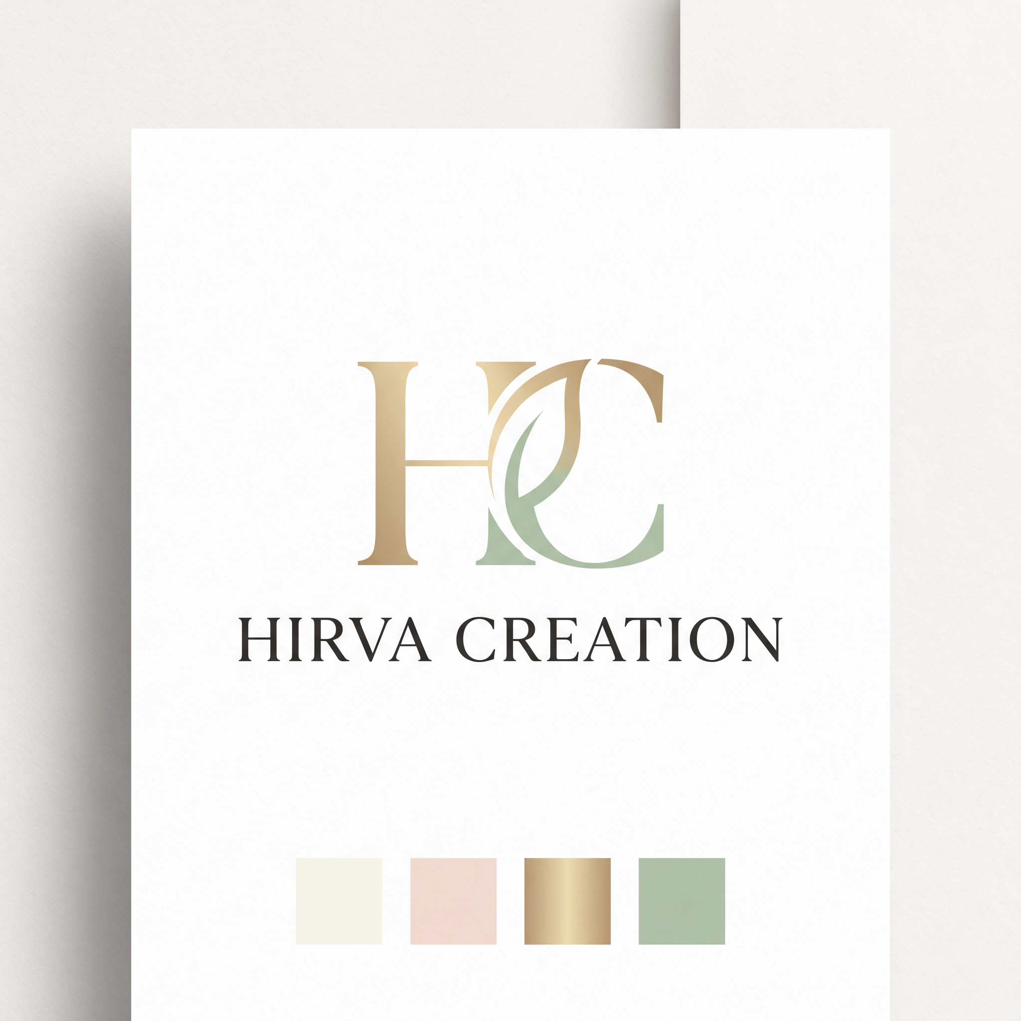 AI Design for Premium minimalist logo design for "Hirva Creation", featuring a stylish HC monogram with modern luxury typography. Use ivory, pastel blush, champagne gold and soft green palette. Elegant negative space design, high-end boutique branding, clean vector artwork, luxury packaging style, simple yet memorable, white background, no fashion illustrations.