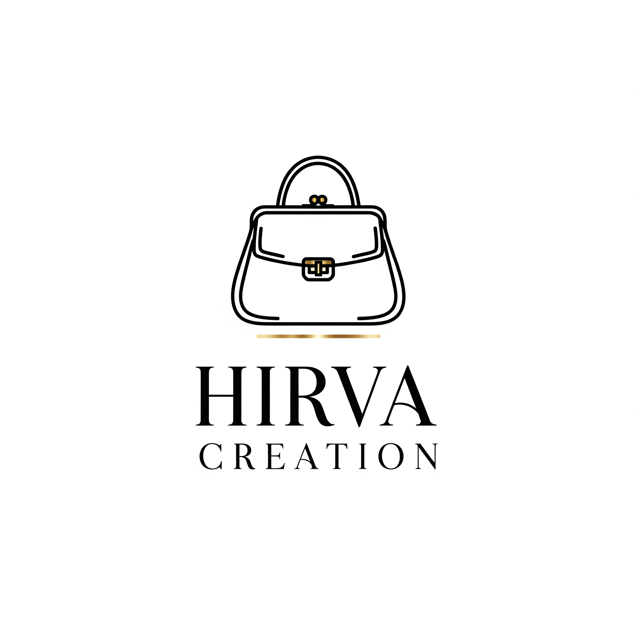 AI Design for "Minimalist logo for a luxury handbag brand called 'Hirva Creation', featuring a thin elegant line-art outline of a purse, sophisticated serif typography, gold and black color palette, clean white background, high-end fashion branding style."