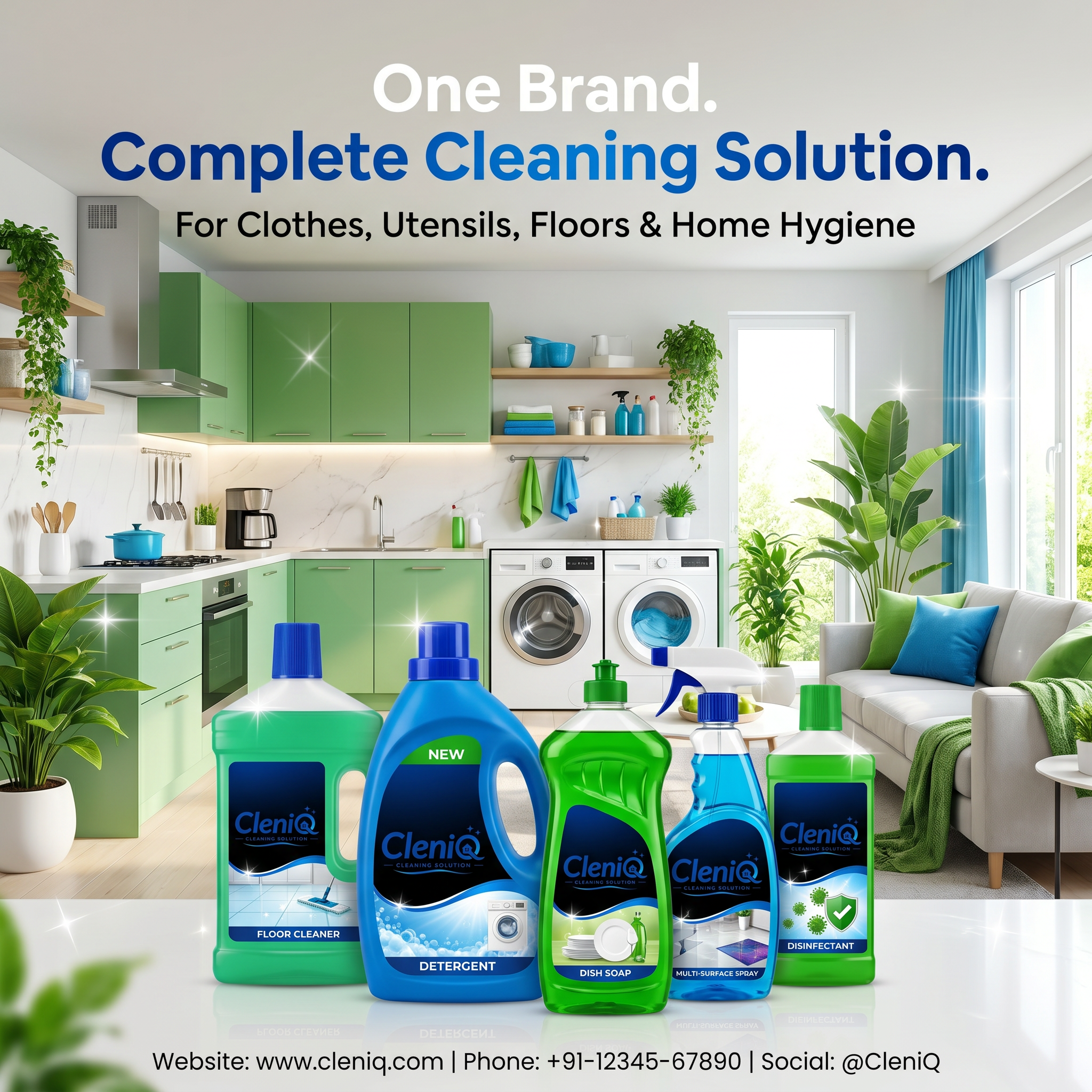 AI Design for Create a modern social media advertisement for CleniQ cleaning products. Show a beautiful Indian kitchen, laundry area, and living room blended into one scene. Display CleniQ products in the foreground with the uploaded logo on each bottle. Bright fresh environment, sparkling clean surfaces, premium commercial photography, green and blue color theme, highly realistic.

Headline:
"One Brand. Complete Cleaning Solution."

Subheading:
"For Clothes, Utensils, Floors & Home Hygiene"

Include contact information professionally.