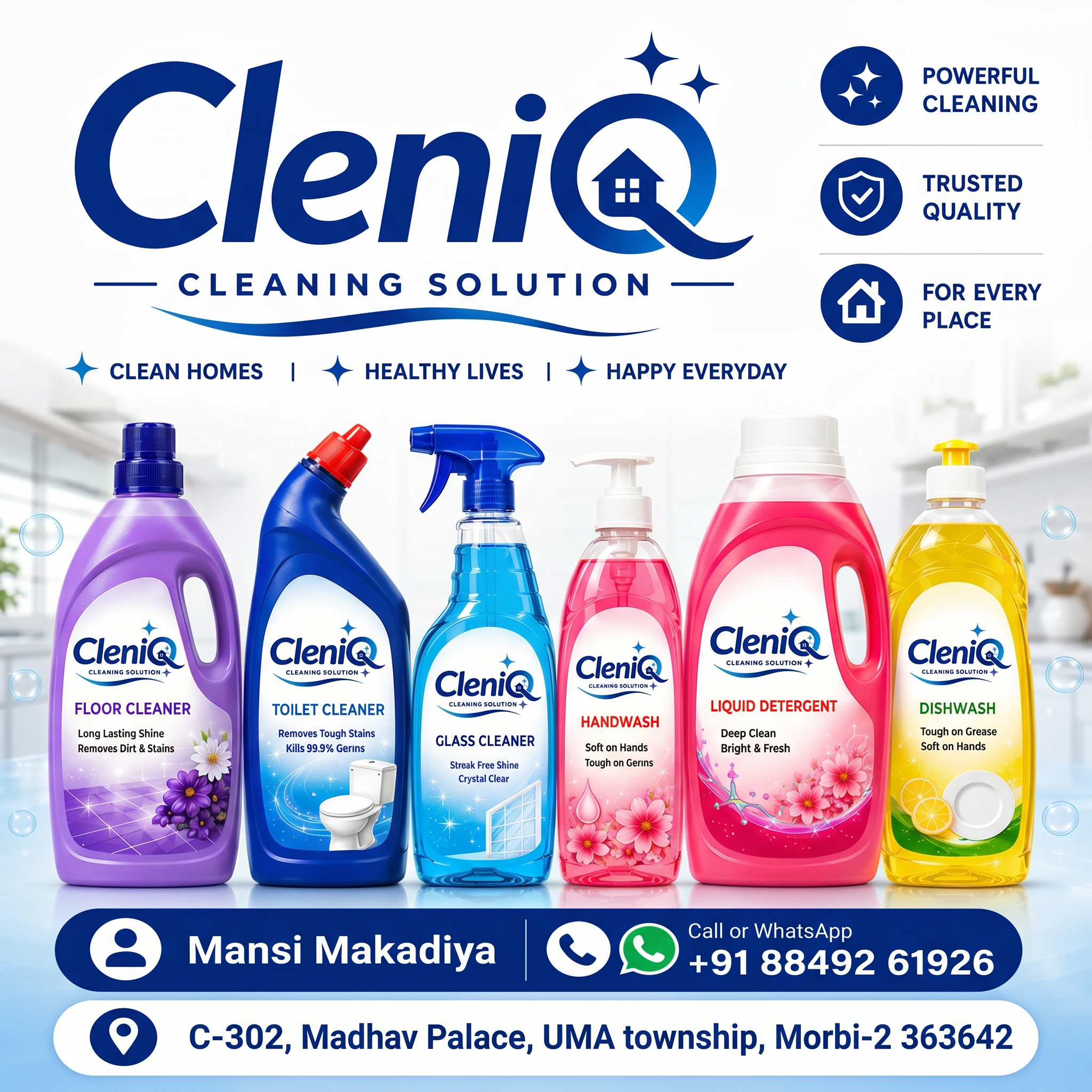 AI Design for Chnage the cleniQ logo in bottles and main logo also as given logo