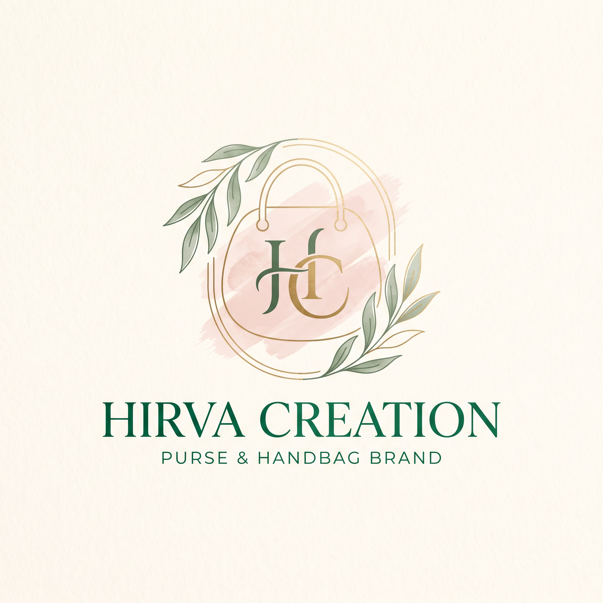 AI Design for Create an elegant and premium logo for "Hirva Creation", a women's purse and handbag brand. Use a soft pastel luxury aesthetic with a warm cream background, blush pink watercolor accents, sage/emerald green typography, and subtle gold details. Feature a stylish handbag icon integrated with the initials HC. Include delicate botanical leaf elements for a sophisticated feminine touch. Minimalist, clean, upscale boutique branding. Focus only on handbags and purses. fashion boutique style, vector logo, soft pastel color palette, high-end packaging ready, Instagram-ready, elegant serif typography, premium and memorable design.