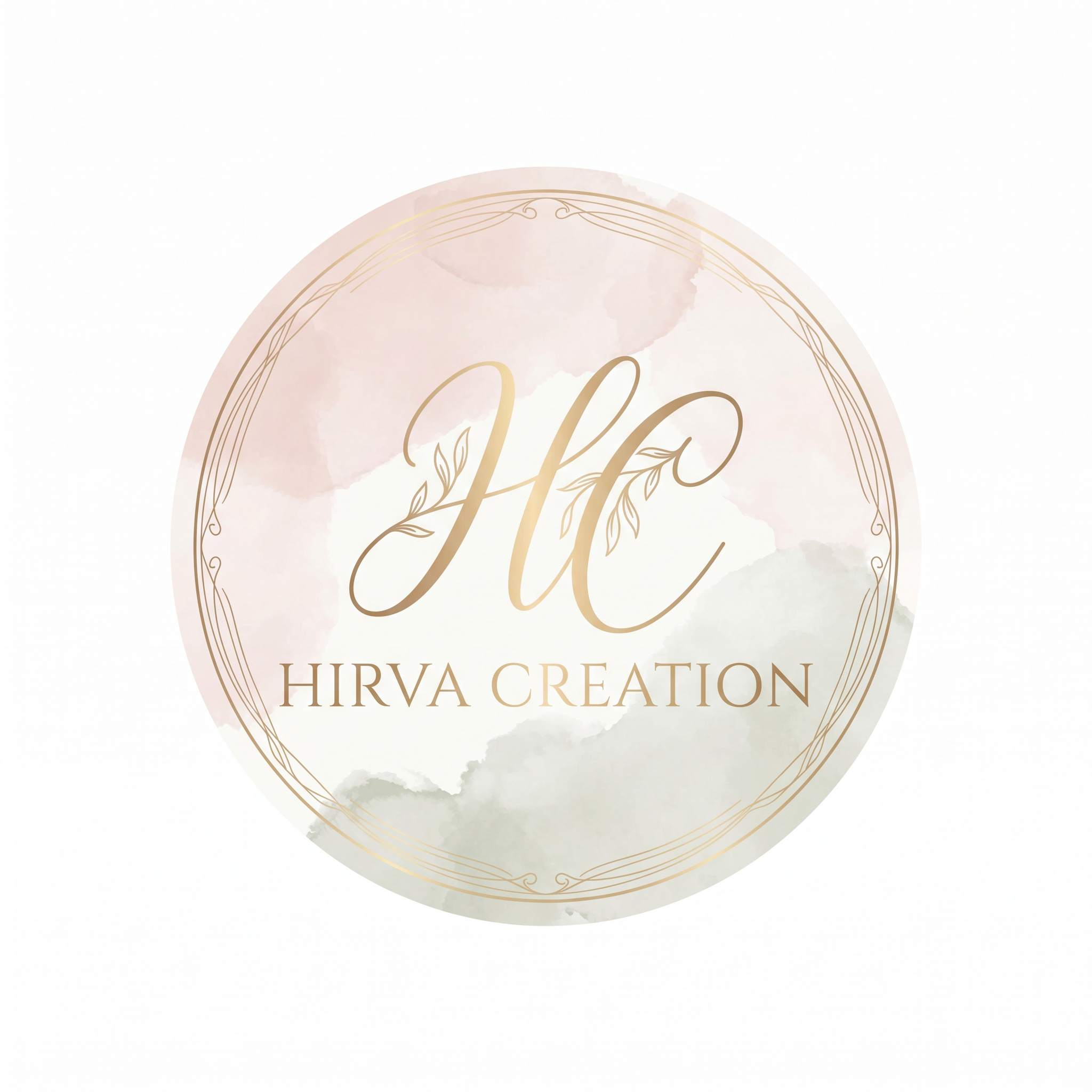 AI Design for Design a premium luxury logo for "Hirva Creation" featuring an elegant intertwined "HC" monogram. Use soft blush pink, sage green, champagne gold, and ivory tones. Minimalist luxury style with delicate gold foil accents, refined serif typography, clean lines, subtle botanical details, pastel watercolor background, feminine and sophisticated branding, high-end boutique aesthetic, vector logo, white background, no clothing, no handbag, no mockup.