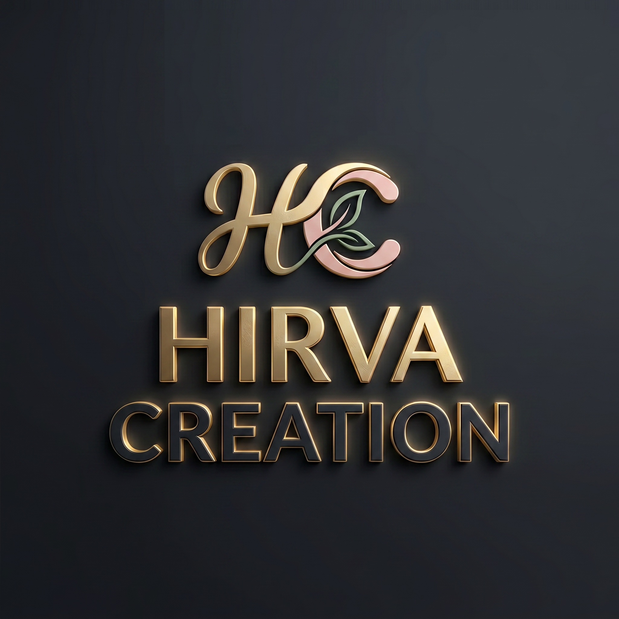 AI Design for A sophisticated, minimalist logo design for Hirva Creation featuring elegant, high-end typography. The lettering for 'Hirva' is rendered in a premium metallic gold, while 'Creation' is set in a deep, rich charcoal with a slightly darker, bolder weight to enhance legibility. The composition is clean and balanced, set against a subtle, dark charcoal matte background with soft, cinematic studio rim lighting that adds a luxurious glow to the edges of the text. The design integrates the {{HC}} logo mark seamlessly, focusing on professional craftsmanship and refined visual hierarchy.