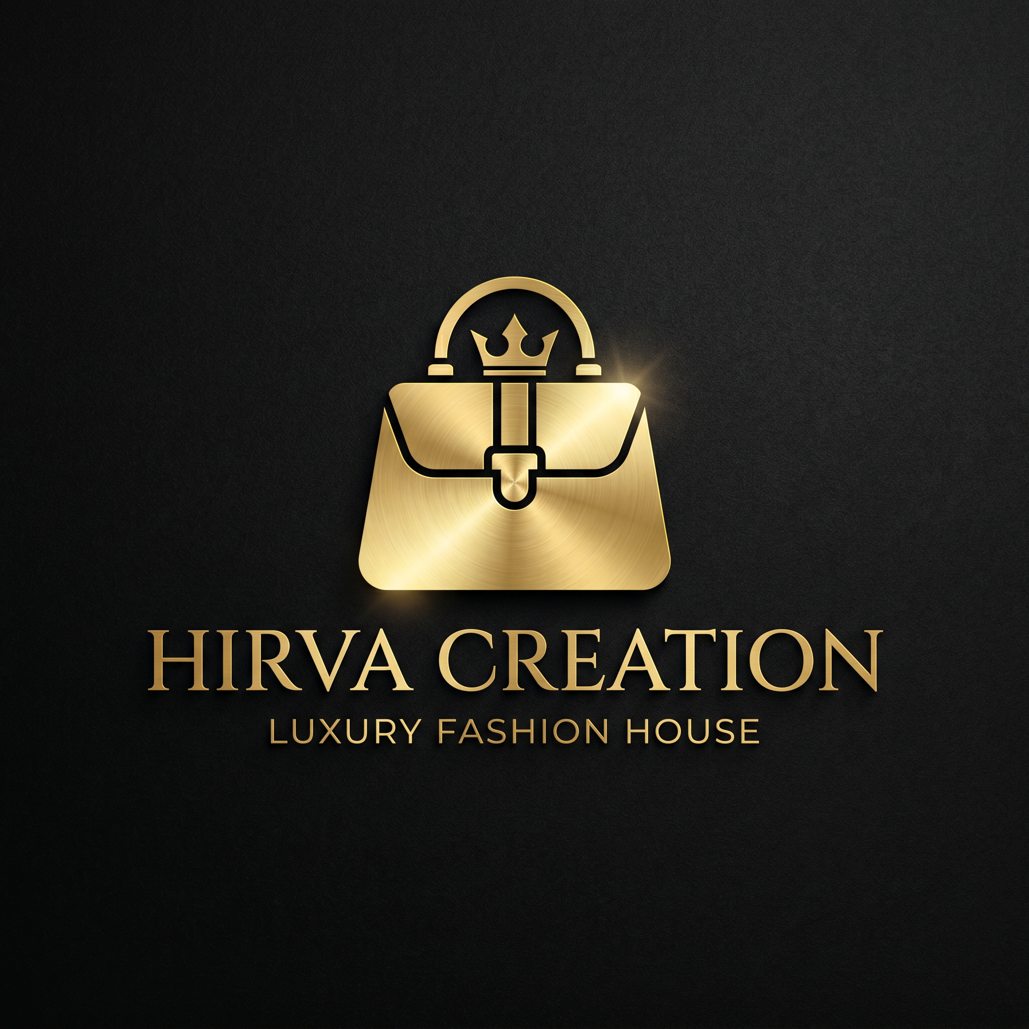 AI Design for Design an exclusive luxury logo for "Hirva Creation". Combine a fashionable handbag icon with a subtle royal crown. Premium gold foil effect, black background, elegant serif typography, luxury fashion house aesthetic, sophisticated branding, minimal yet powerful, vector logo.