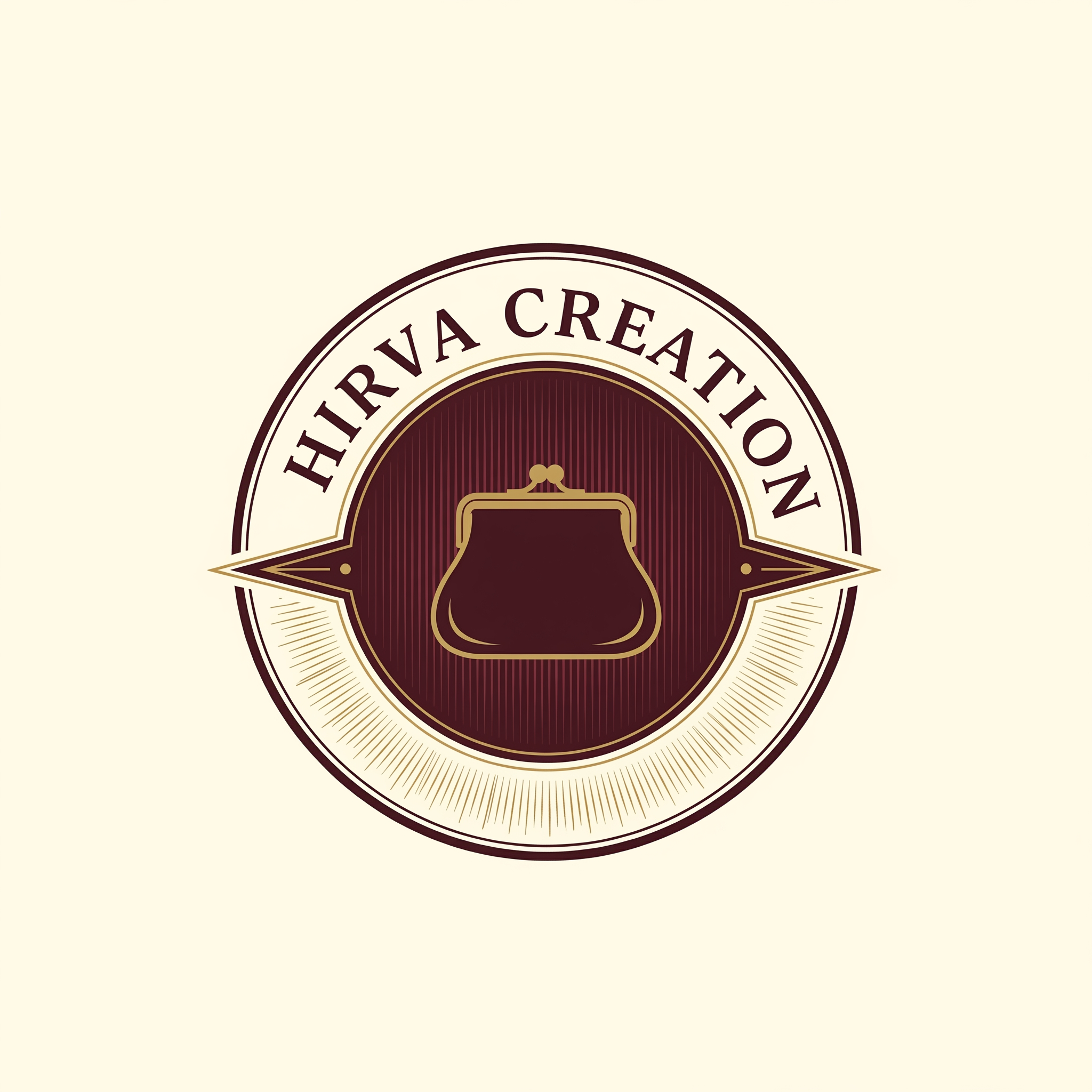 AI Design for Vintage Boutique — "Vintage-inspired boutique logo for 'Hirva Creation', ornate badge or emblem design with a purse icon in the center, classic serif lettering, deep burgundy and antique gold tones, hand-crafted artisanal feel."