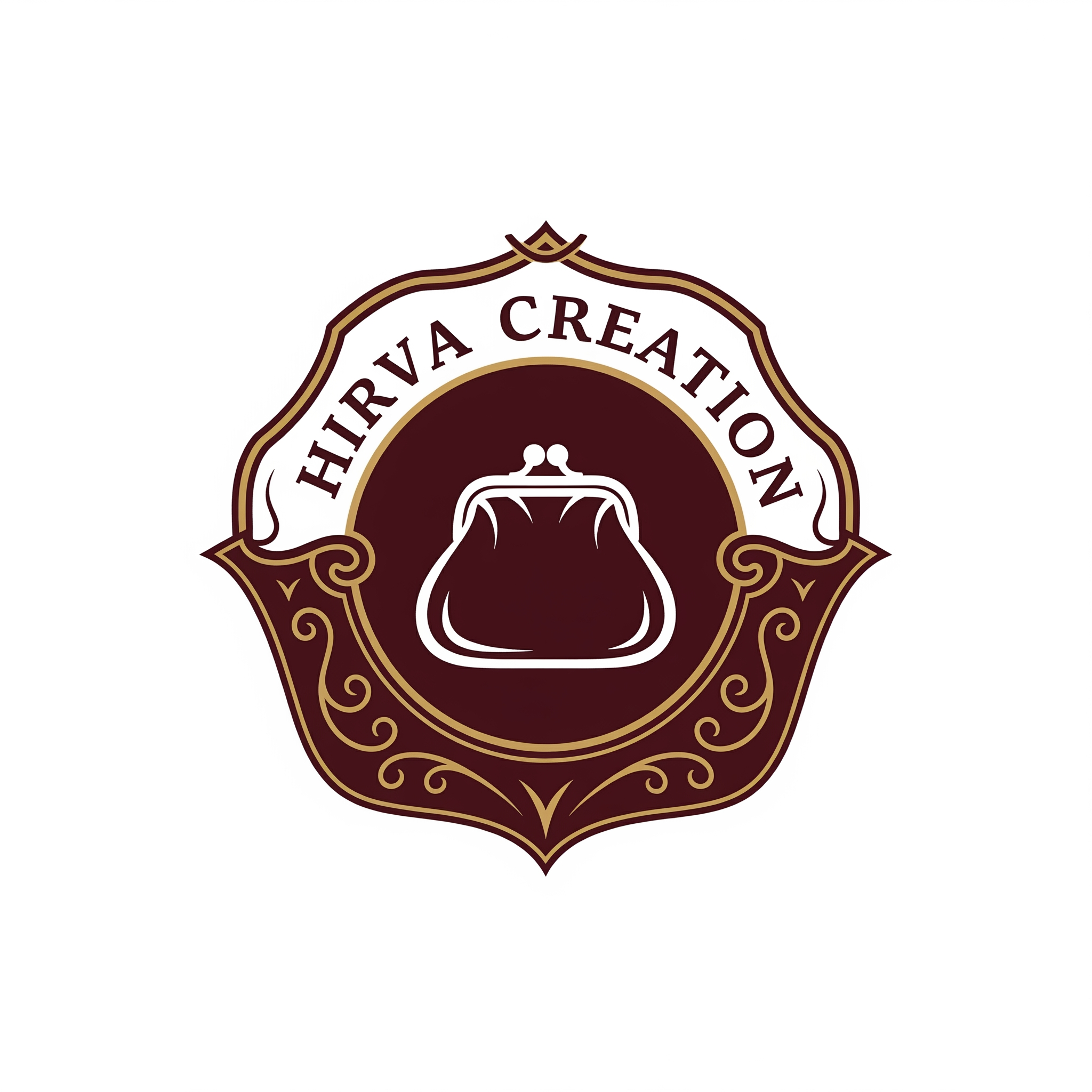 AI Design for Vintage Boutique — "Vintage-inspired boutique logo for 'Hirva Creation', ornate badge or emblem design with a purse icon in the center, classic serif lettering, deep burgundy and antique gold tones, hand-crafted artisanal feel."