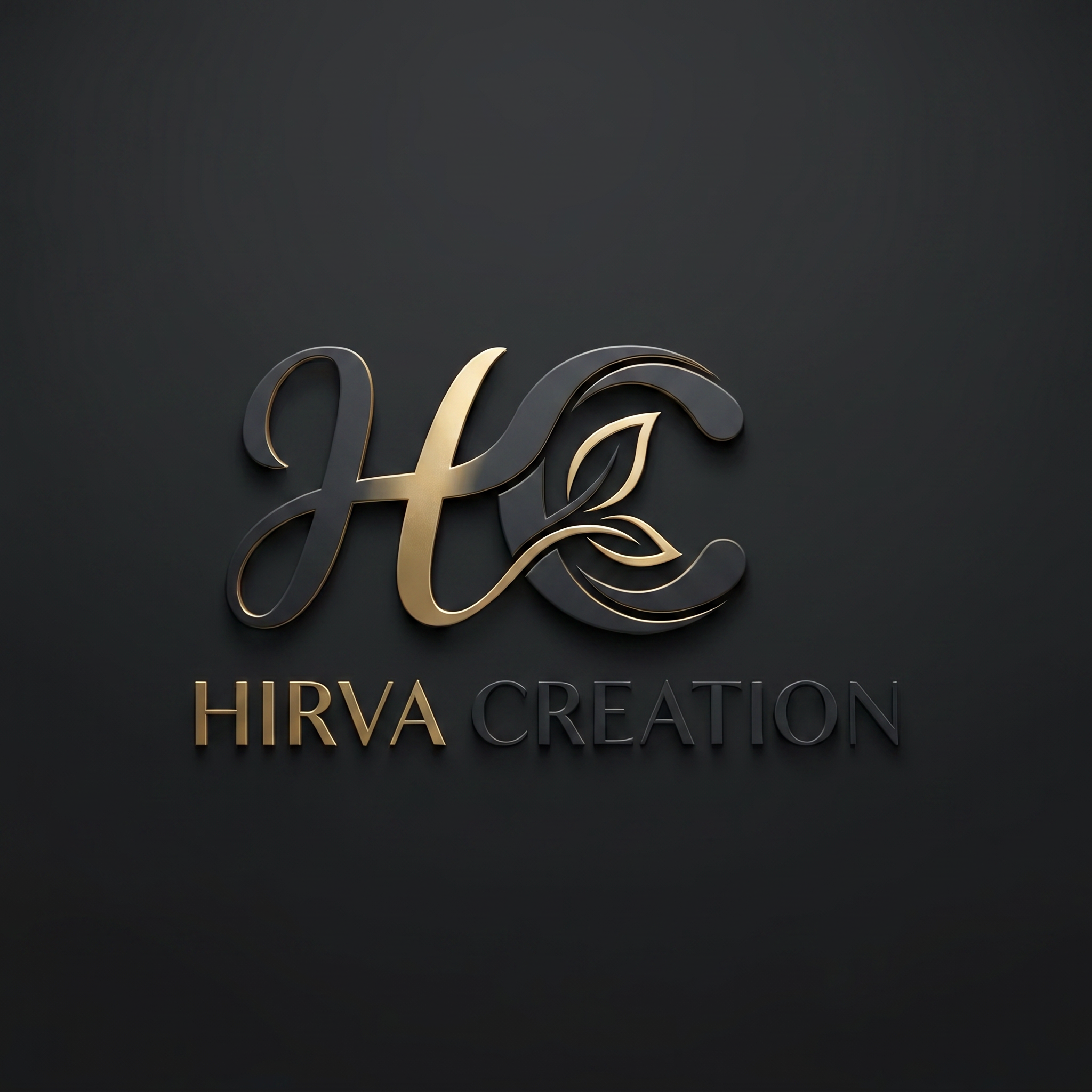 AI Design for A sophisticated, minimalist logo design for Hirva Creation featuring elegant, high-end typography. The lettering for 'Hirva' is rendered in a premium metallic gold, while 'Creation' is set in a deep, rich charcoal with a slightly darker, bolder weight to enhance legibility. The composition is clean and balanced, set against a subtle, dark charcoal matte background with soft, cinematic studio rim lighting that adds a luxurious glow to the edges of the text. The design integrates the {{HC}} logo mark seamlessly, focusing on professional craftsmanship and refined visual hierarchy.