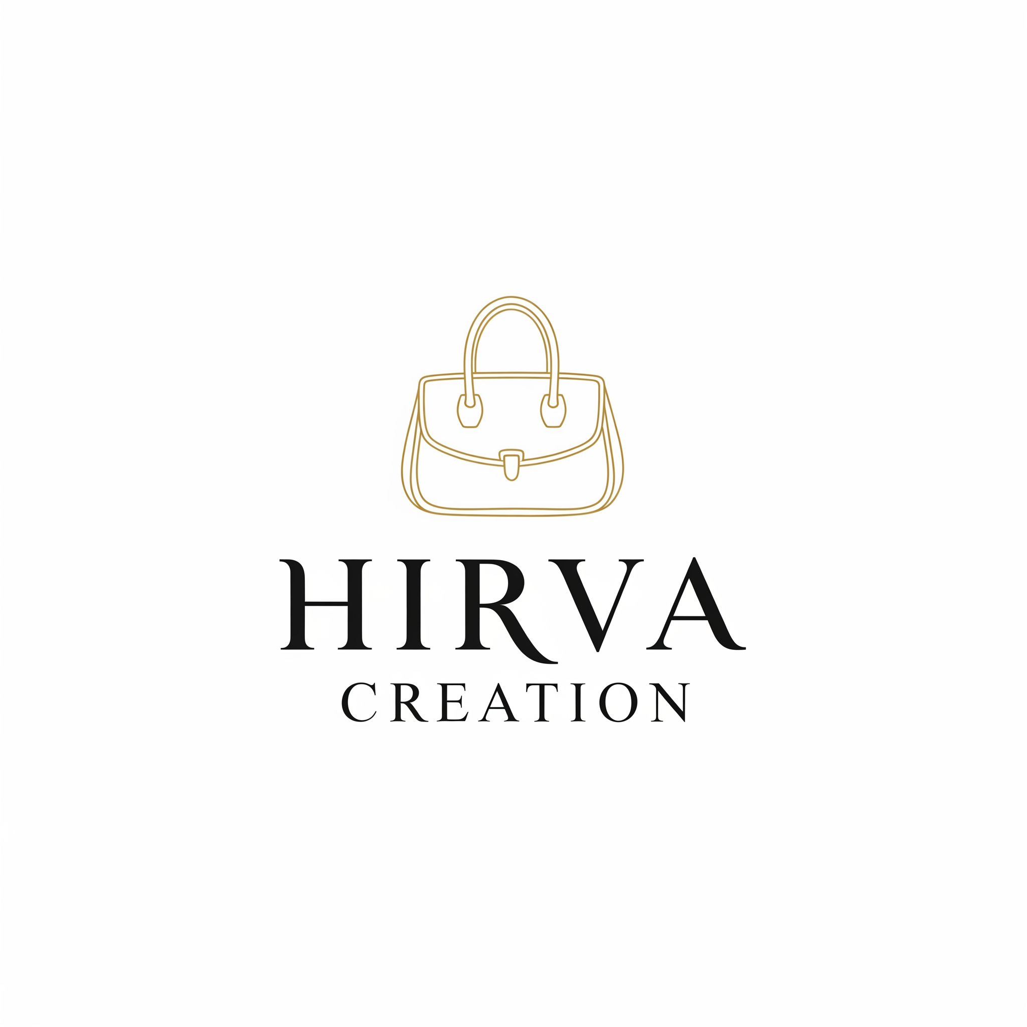 AI Design for "Minimalist logo for a luxury handbag brand called 'Hirva Creation', featuring a thin elegant line-art outline of a purse, sophisticated serif typography, gold and black color palette, clean white background, high-end fashion branding style."