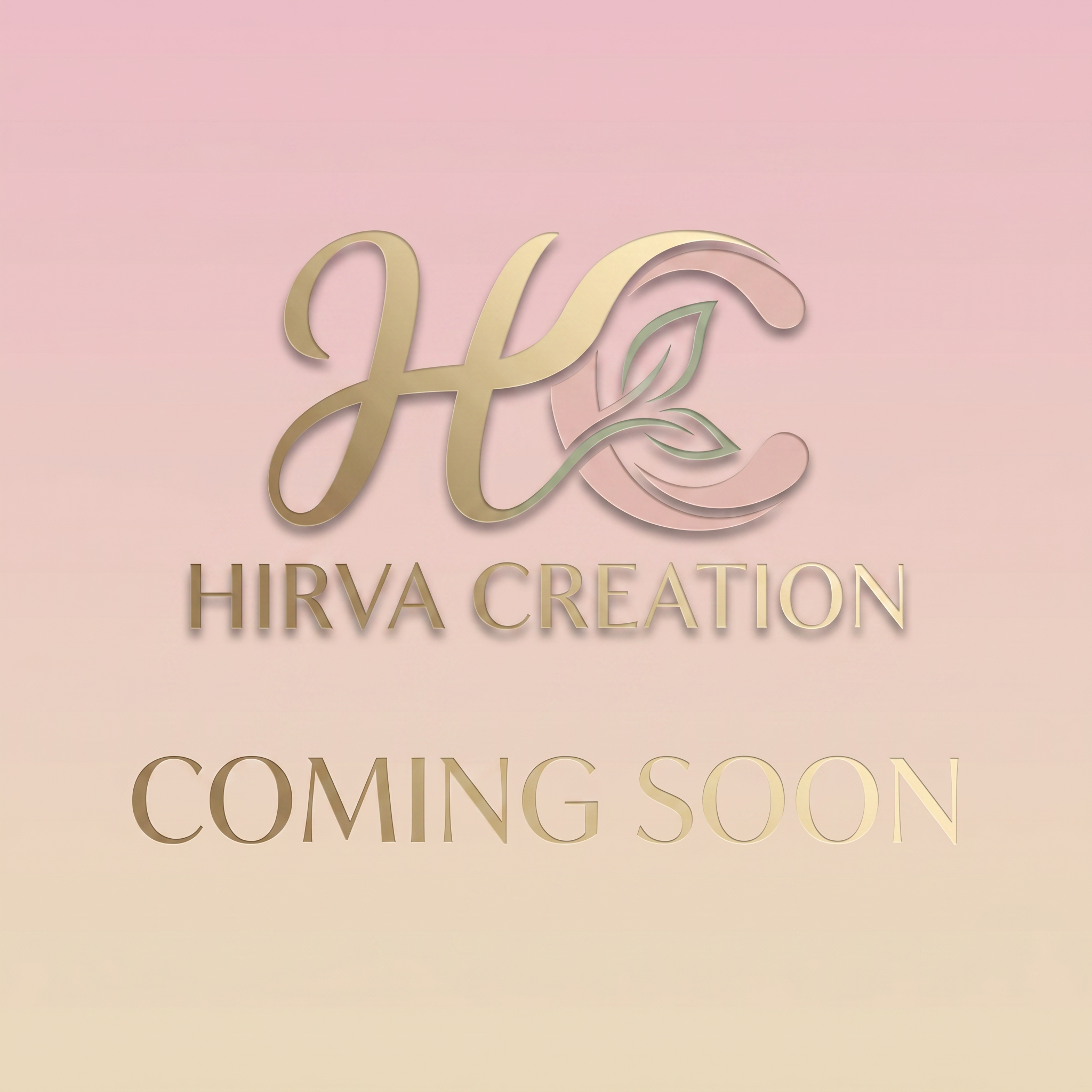 AI Design for Create a clean and modern coming soon announcement for "Hirva Creation". Soft beige and pastel pink gradient background, centered luxury HC logo, subtle shadow effects, elegant serif typography saying "Coming Soon". Premium branding style inspired by luxury fashion houses, minimalist and professional.