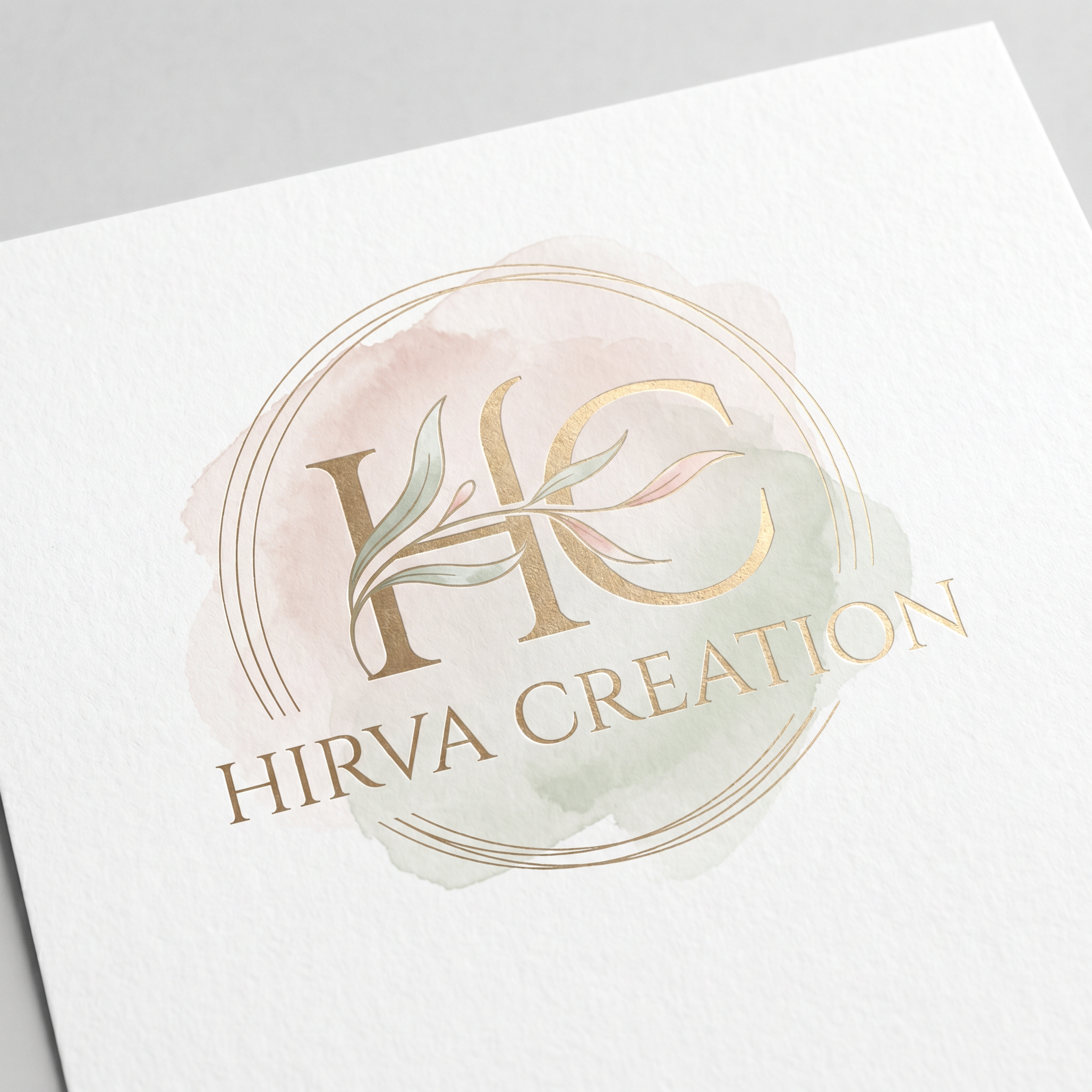 AI Design for Design a premium luxury logo for "Hirva Creation" featuring an elegant intertwined "HC" monogram. Use soft blush pink, sage green, champagne gold, and ivory tones. Minimalist luxury style with delicate gold foil accents, refined serif typography, clean lines, subtle botanical details, pastel watercolor background, feminine and sophisticated branding, high-end boutique aesthetic, vector logo, white background, no clothing, no handbag, no mockup.