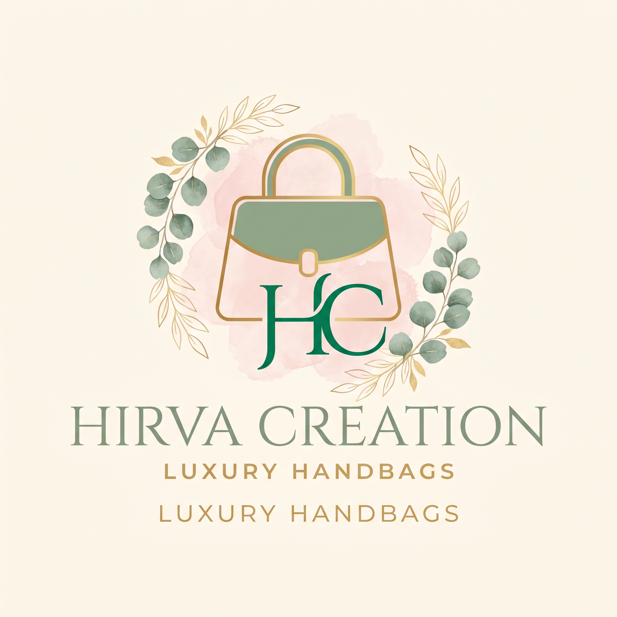 AI Design for Create an elegant and premium logo for "Hirva Creation", a women's purse and handbag brand. Use a soft pastel luxury aesthetic with a warm cream background, blush pink watercolor accents, sage/emerald green typography, and subtle gold details. Feature a stylish handbag icon integrated with the initials HC. Include delicate botanical leaf elements for a sophisticated feminine touch. Minimalist, clean, upscale boutique branding. No clothing, no dress, no mannequin, no apparel elements. Focus only on handbags and purses. Luxury fashion boutique style, vector logo, professional branding, soft pastel color palette, high-end packaging ready, Instagram-ready, elegant serif typography, premium and memorable design.