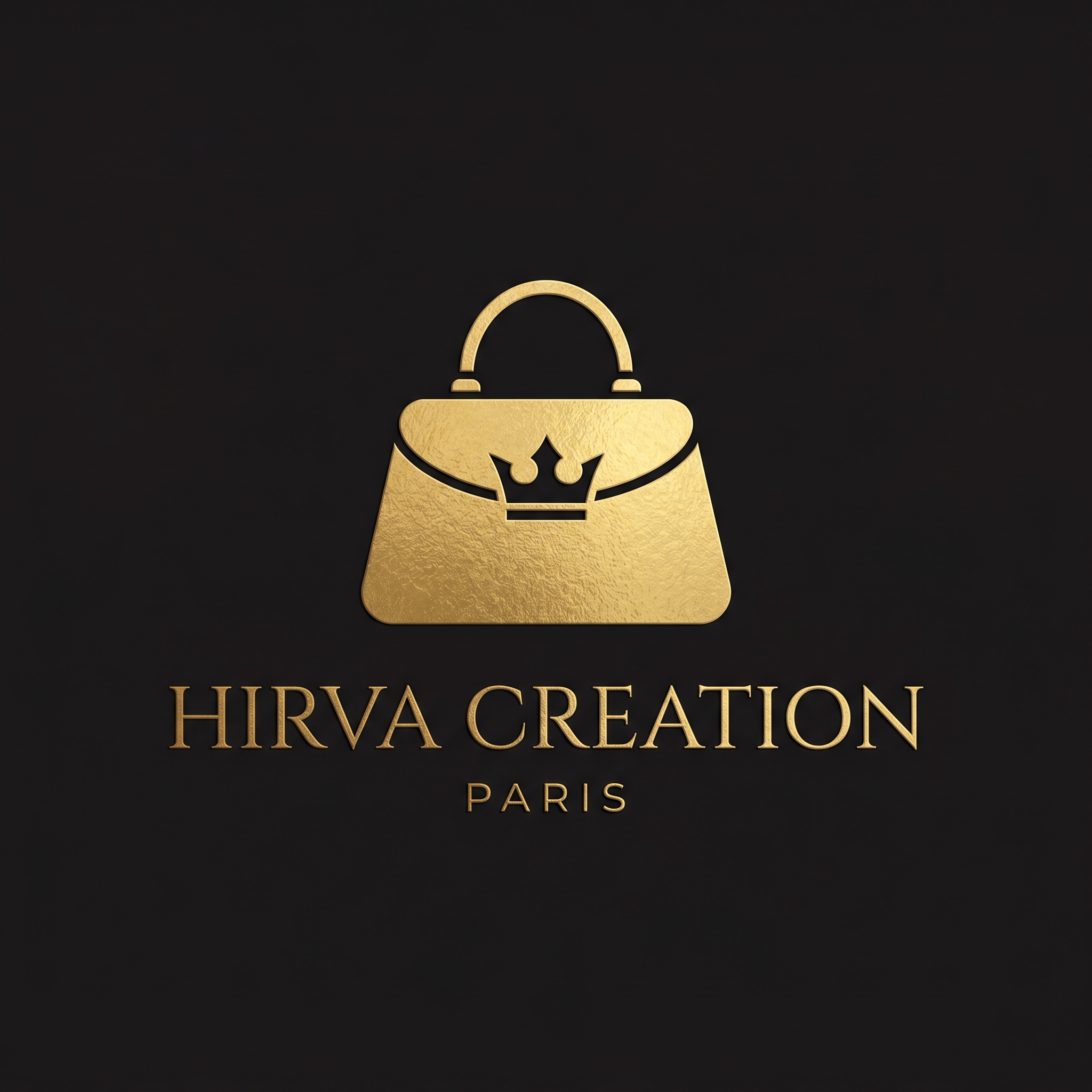 AI Design for Design an exclusive luxury logo for "Hirva Creation". Combine a fashionable handbag icon with a subtle royal crown. Premium gold foil effect, black background, elegant serif typography, luxury fashion house aesthetic, sophisticated branding, minimal yet powerful, vector logo.