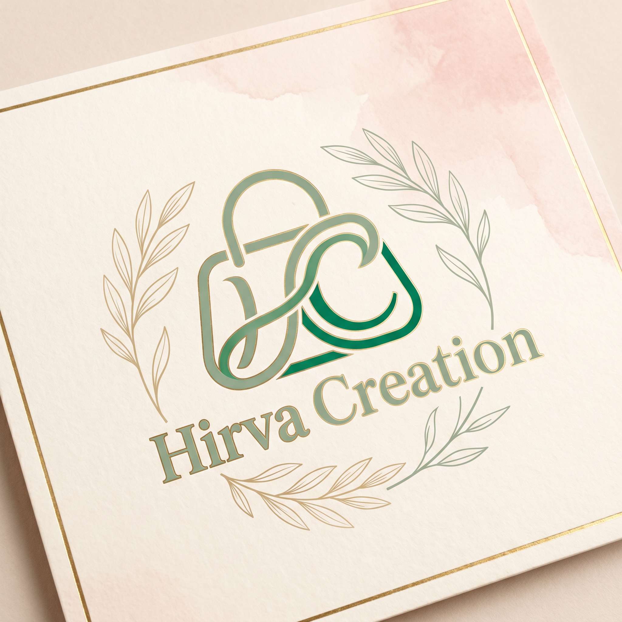 AI Design for Create an elegant and premium logo for "Hirva Creation", a women's purse and handbag brand. Use a soft pastel luxury aesthetic with a warm cream background, blush pink watercolor accents, sage/emerald green typography, and subtle gold details. Feature a stylish handbag icon integrated with the initials HC. Include delicate botanical leaf elements for a sophisticated feminine touch. Minimalist, clean, upscale boutique branding. Focus only on handbags and purses. fashion boutique style, vector logo, soft pastel color palette, high-end packaging ready, Instagram-ready, elegant serif typography, premium and memorable design.