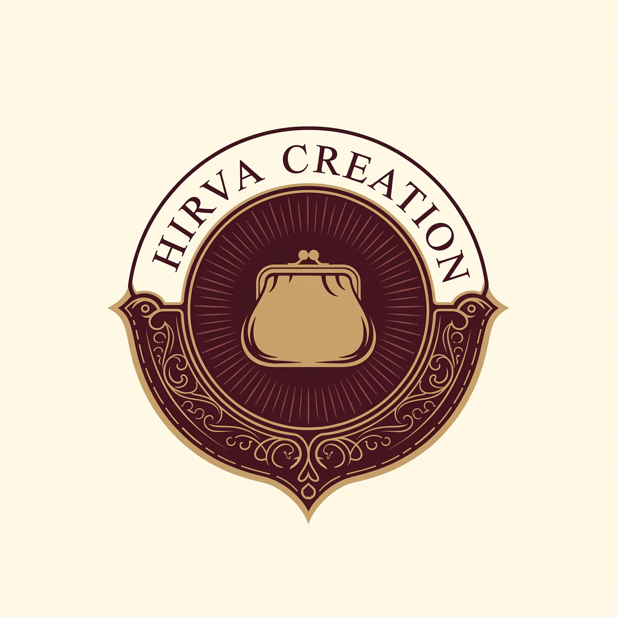 AI Design for Vintage Boutique — "Vintage-inspired boutique logo for 'Hirva Creation', ornate badge or emblem design with a purse icon in the center, classic serif lettering, deep burgundy and antique gold tones, hand-crafted artisanal feel."
