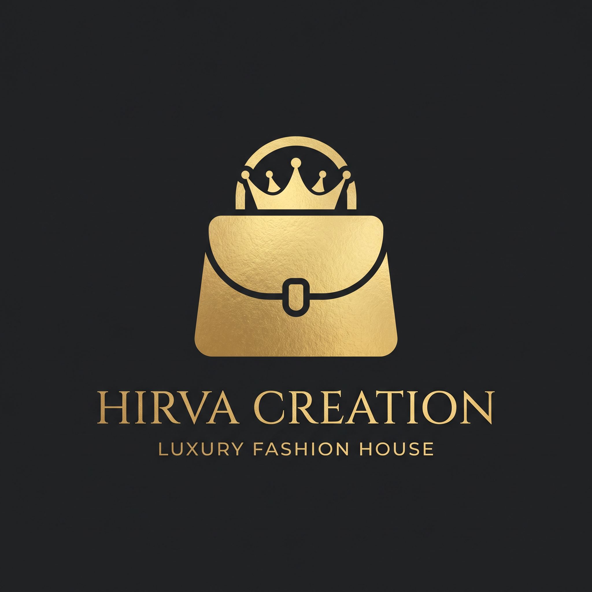 AI Design for Design an exclusive luxury logo for "Hirva Creation". Combine a fashionable handbag icon with a subtle royal crown. Premium gold foil effect, black background, elegant serif typography, luxury fashion house aesthetic, sophisticated branding, minimal yet powerful, vector logo.