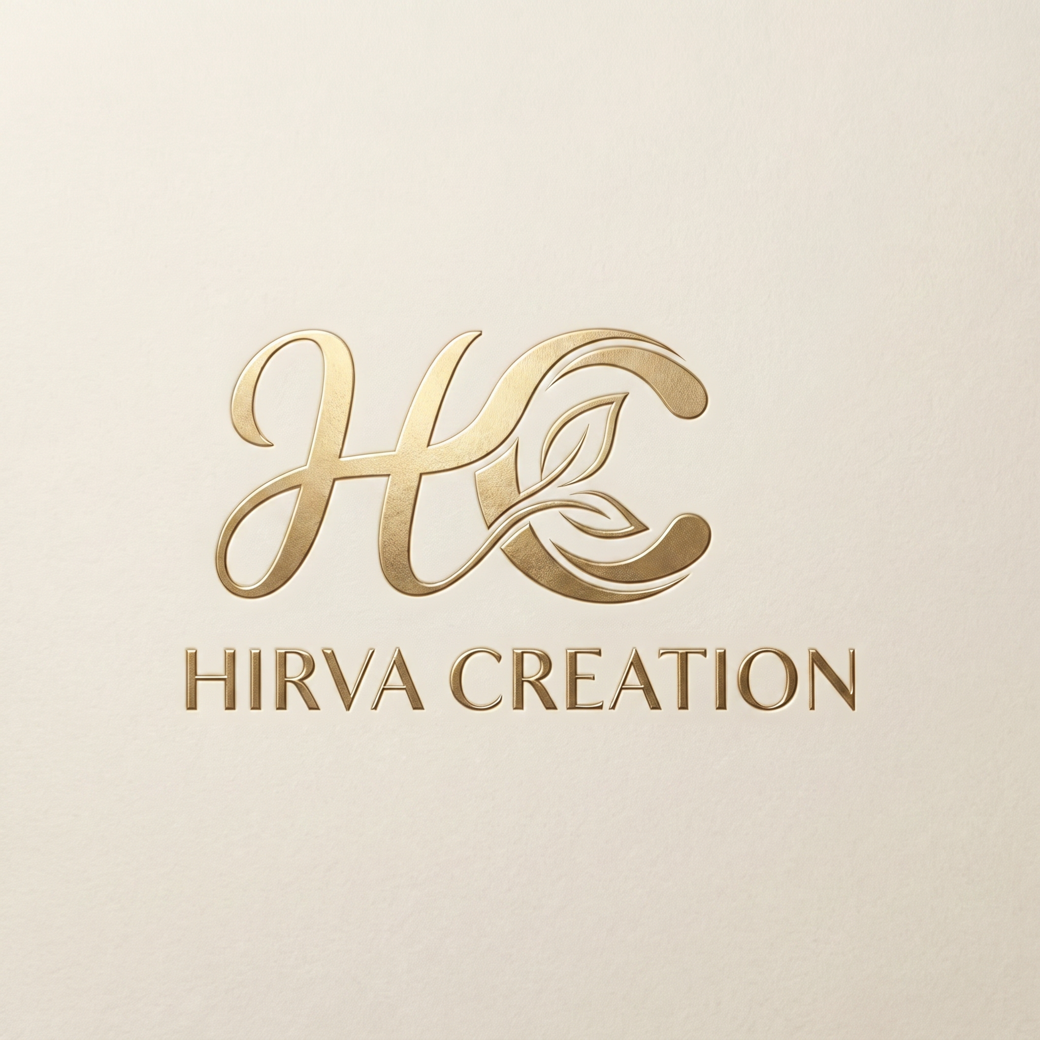 AI Design for A high-end, elegant logo design for Hirva Creation featuring sophisticated typography. The lettering for 'Hirva' and 'Creation' should have uniform color density and weight, utilizing a premium metallic gold or deep charcoal finish to ensure visual consistency and balance across both words. The composition is clean and minimalist, set against a subtle, textured matte background with soft, cinematic studio lighting to highlight the professional craftsmanship of the brand identity.