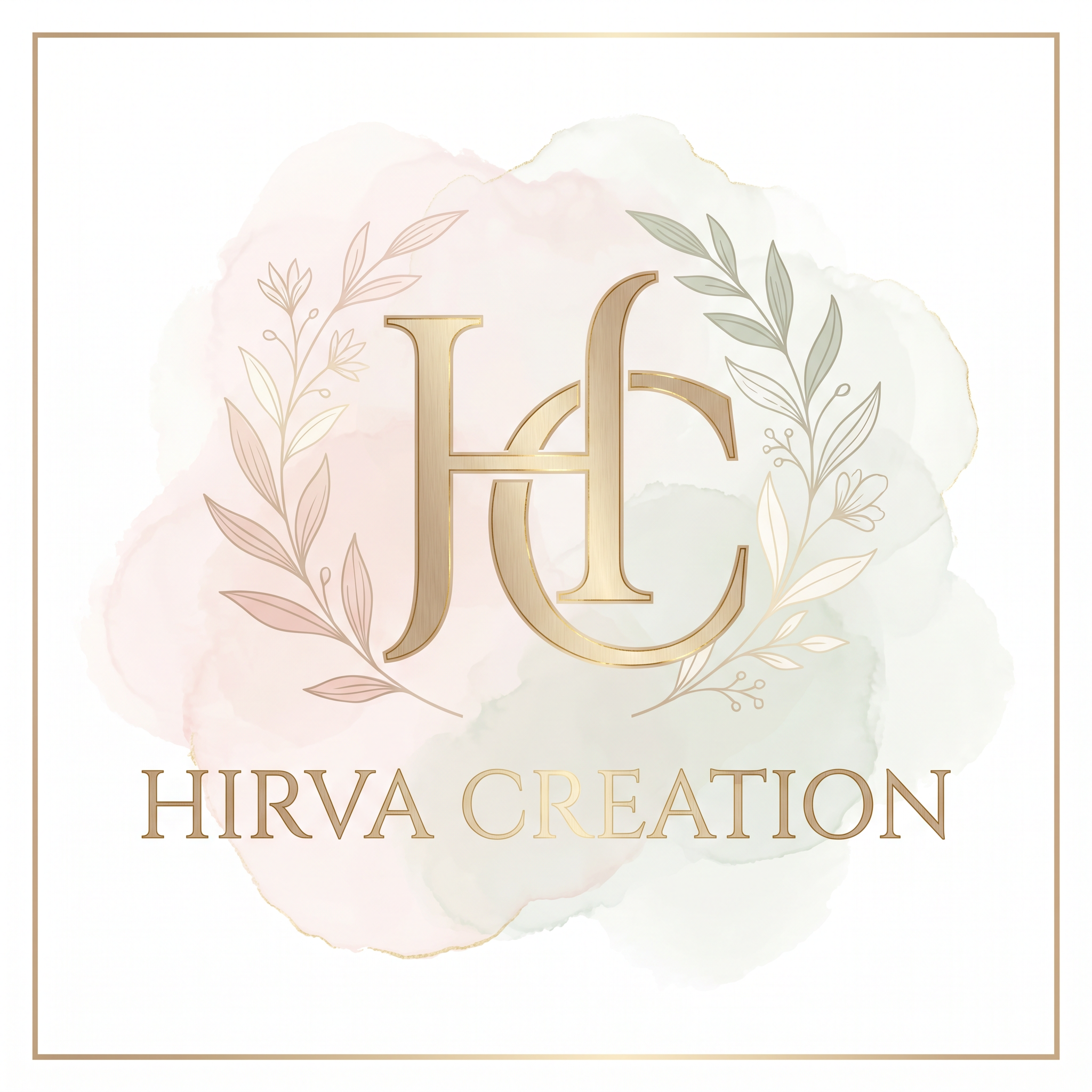 AI Design for Design a premium luxury logo for "Hirva Creation" featuring an elegant intertwined "HC" monogram. Use soft blush pink, sage green, champagne gold, and ivory tones. Minimalist luxury style with delicate gold foil accents, refined serif typography, clean lines, subtle botanical details, pastel watercolor background, feminine and sophisticated branding, high-end boutique aesthetic, vector logo, white background, no clothing, no handbag, no mockup.