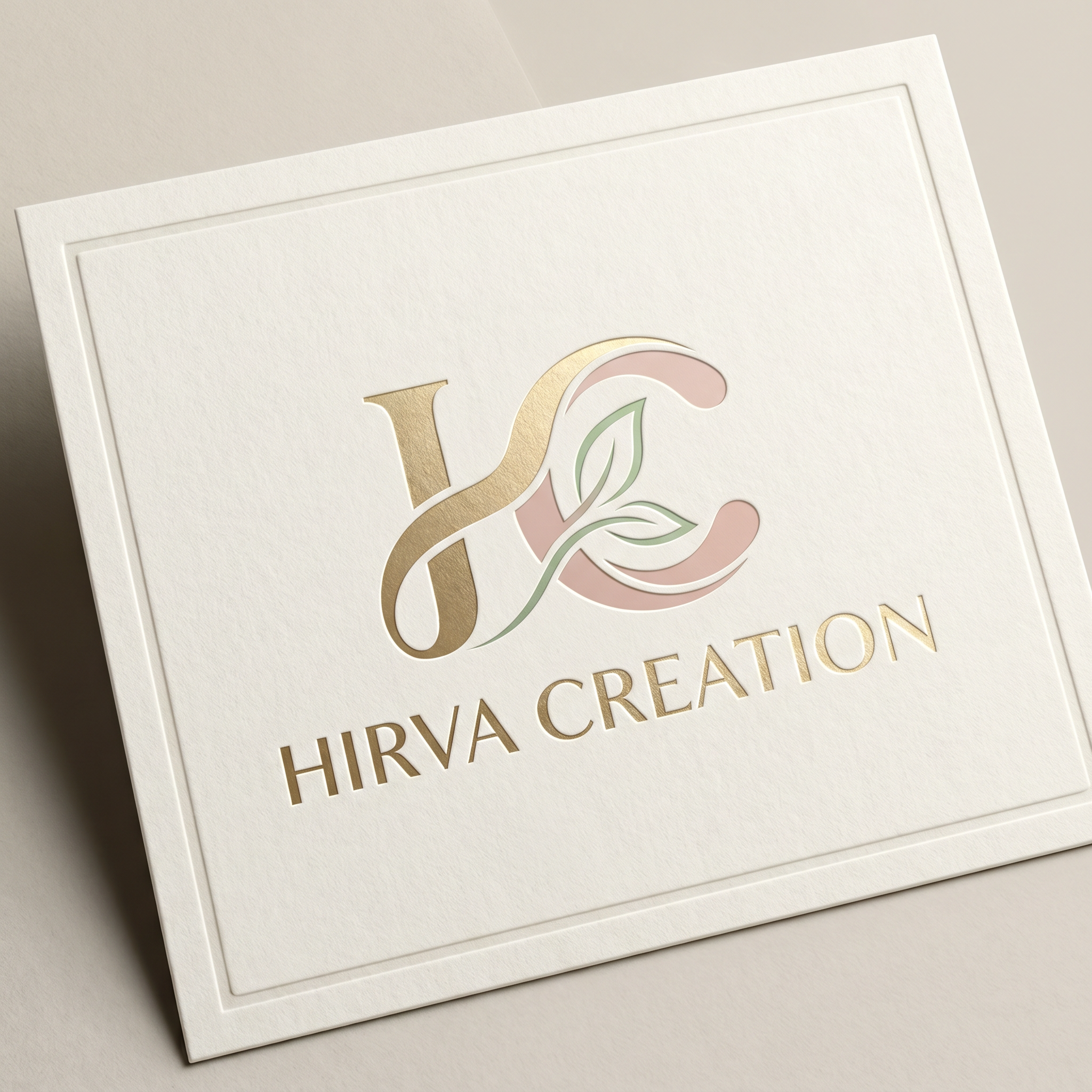 AI Design for Premium minimalist logo design for "Hirva Creation", featuring a stylish HC monogram with modern luxury typography. Use ivory, pastel blush, champagne gold and soft green palette. Elegant negative space design, high-end boutique branding, clean vector artwork, luxury packaging style, simple yet memorable, white background, no fashion illustrations.