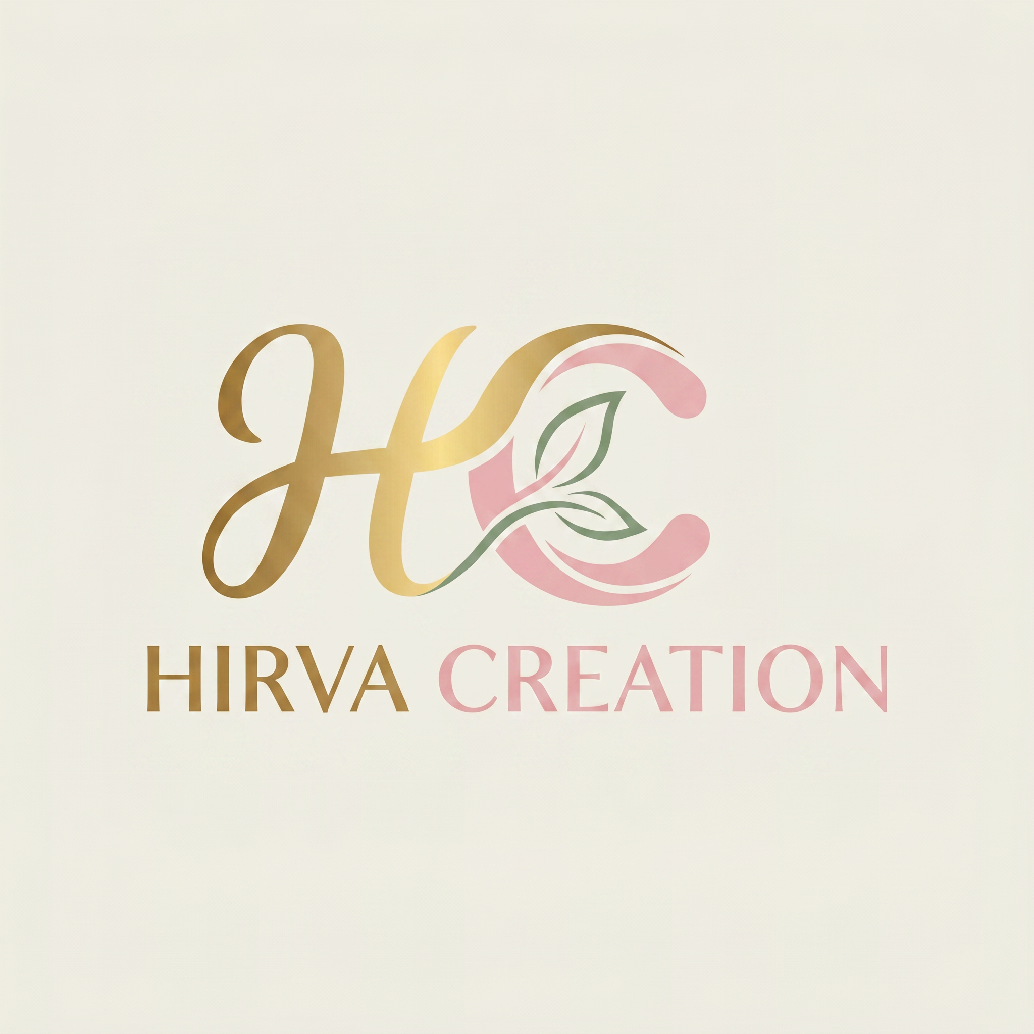 AI Design for A professional, high-resolution graphic design of the brand logo featuring the text 'Hirva Creation' with the HC monogram icon. Ensure the typography for "Hirva" should be like H golden color and "Creation" should be in like "C" color pink color  as in HC. The background should be clean and neutral to emphasize the precision of the logo design, maintaining the integrity of the original HC emblem while refining the text for a premium, cohesive brand identity.