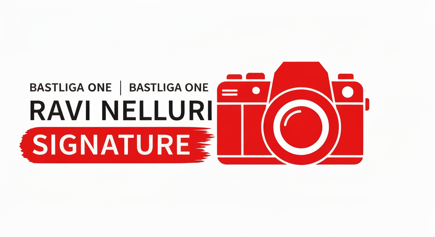 AI Design for TEXT " RAVI NELLURI SIGNATURE  "    LOGO all your  creativityCamera icon must camara red I like the red color stoke use font family bastliga one create a logo image using font signature font family ka name bhi batana hai