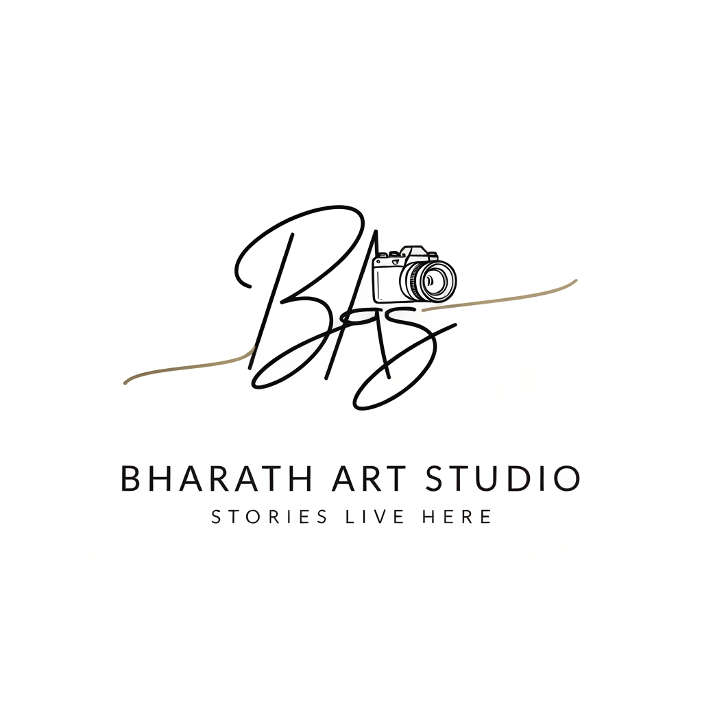 AI Design for Create a world-class luxury signature logo for "BHARATH ART STUDIO". Design a unique elegant monogram symbol using the letters BAS with a premium handwritten signature style. The logo should have a similar luxury fashion brand feeling: minimal, clean, artistic and timeless.
Add a unique professional camera element integrated into the monogram, not a normal camera icon. The camera should feel like a part of the signature stroke, representing photography, vision and storytelling.
Use thin elegant calligraphy lines, smooth curves, premium serif + signature typography combination. Create a high-end creative studio identity like luxury photography brands.
Color style: pure black logo on white background, optional subtle metallic gold version.
Layout: monogram icon on top, below write "BHARATH ART STUDIO" in luxury spaced serif font, and tagline "STORIES LIVE HERE" in minimal letter spacing.
Style keywords: luxury, premium, editorial, cinematic, timeless, handcrafted, award-winning photography brand, vector logo, clean lines, professional branding.