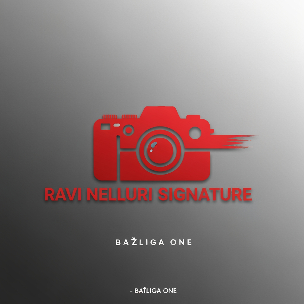 AI Design for TEXT " RAVI NELLURI SIGNATURE  "  SIGNATURE LOGO all your  creativityCamera icon must camara red I like the red color stoke use font family bastliga one create a logo image using font signature font family ka name bhi batana hai um