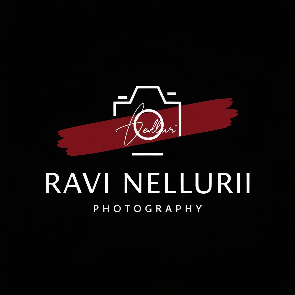 AI Design for Create a world-class luxury photography logo for the brand name "RAVI NELLURI PHOTOGRAPHY". Design it like a premium global photography studio brand worth $50,000+. Use a sophisticated, timeless and iconic identity.
The logo should have a unique custom typography, high-end fashion brand style, elegant spacing, premium editorial feel. Create a strong visual symbol representing vision, focus, creativity, storytelling and capturing timeless moments.
Integrate a minimal abstract camera-inspired concept (not a basic camera icon), something original and instantly recognizable. The symbol should feel like a luxury emblem similar to premium fashion houses.
Use a black background with pure white luxury typography and a refined deep red accent stroke for a powerful premium look.
Style: Ultra modern, luxury, cinematic, minimalist, premium creative studio, high fashion branding, award-winning design, clean vector logo, perfect balance, professional brand identity.
Typography: Custom signature-inspired luxury font mixed with modern elegant serif/sans combination, unique letterforms, memorable and exclusive.
Make it suitable for photography watermark, website, Instagram, business card, studio branding and international clients.
No generic templates, no stock icons, no normal camera symbol. Create a unique iconic masterpiece.
Negative prompt:
cheap logo, normal camera icon, clipart, generic design, too many details, childish font, bad spacing, fake 3D effects, low quality, crowded logo no duble text