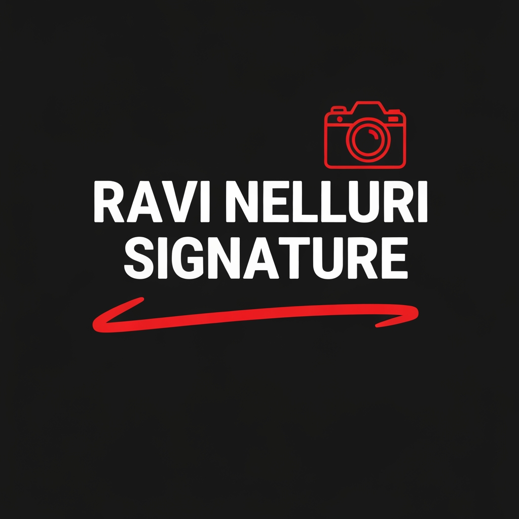 AI Design for TEXT " RAVI NELLURI SIGNATURE  "    LOGO all your  creativityCamera icon must camara red I like the red color stoke use font family bastliga one create a logo image using font signature font family ka name bhi batana hai